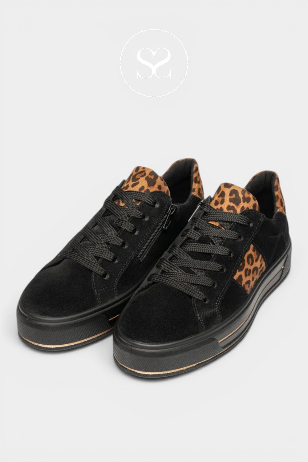 Black and leopard print trainers with black laces and chunky sole. Comfortable everyday trainers with side zip for easy access.