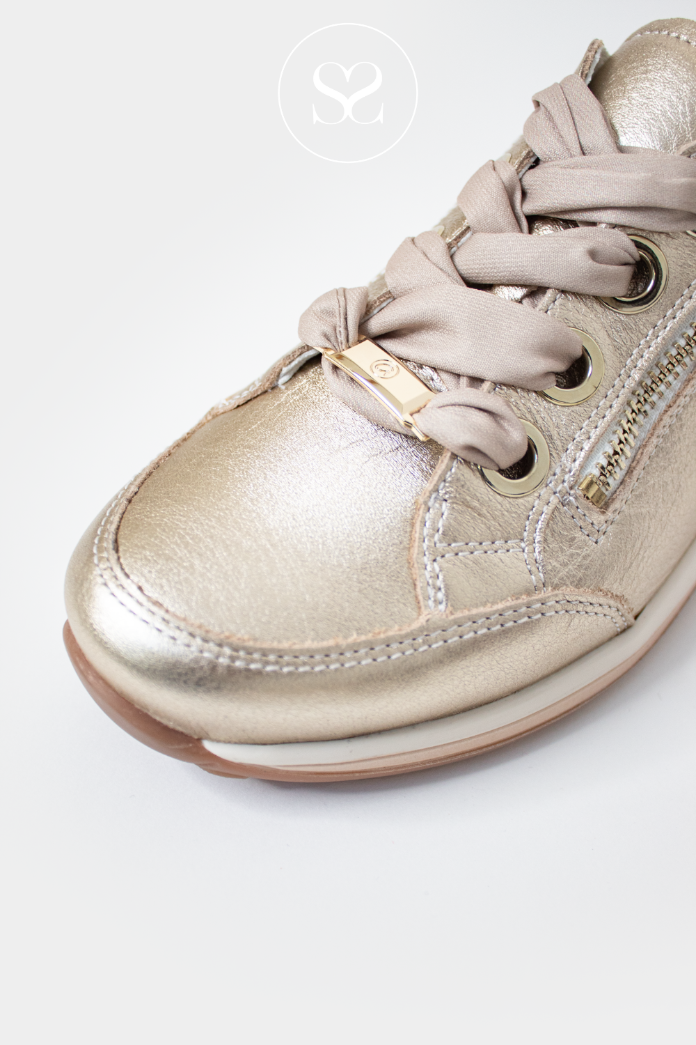 ARA GOLD LEATHER WALKING TRAINERS WITH FABRIC LACES AND SIDE ZIP. sOFT CUSHIONED INSOLE