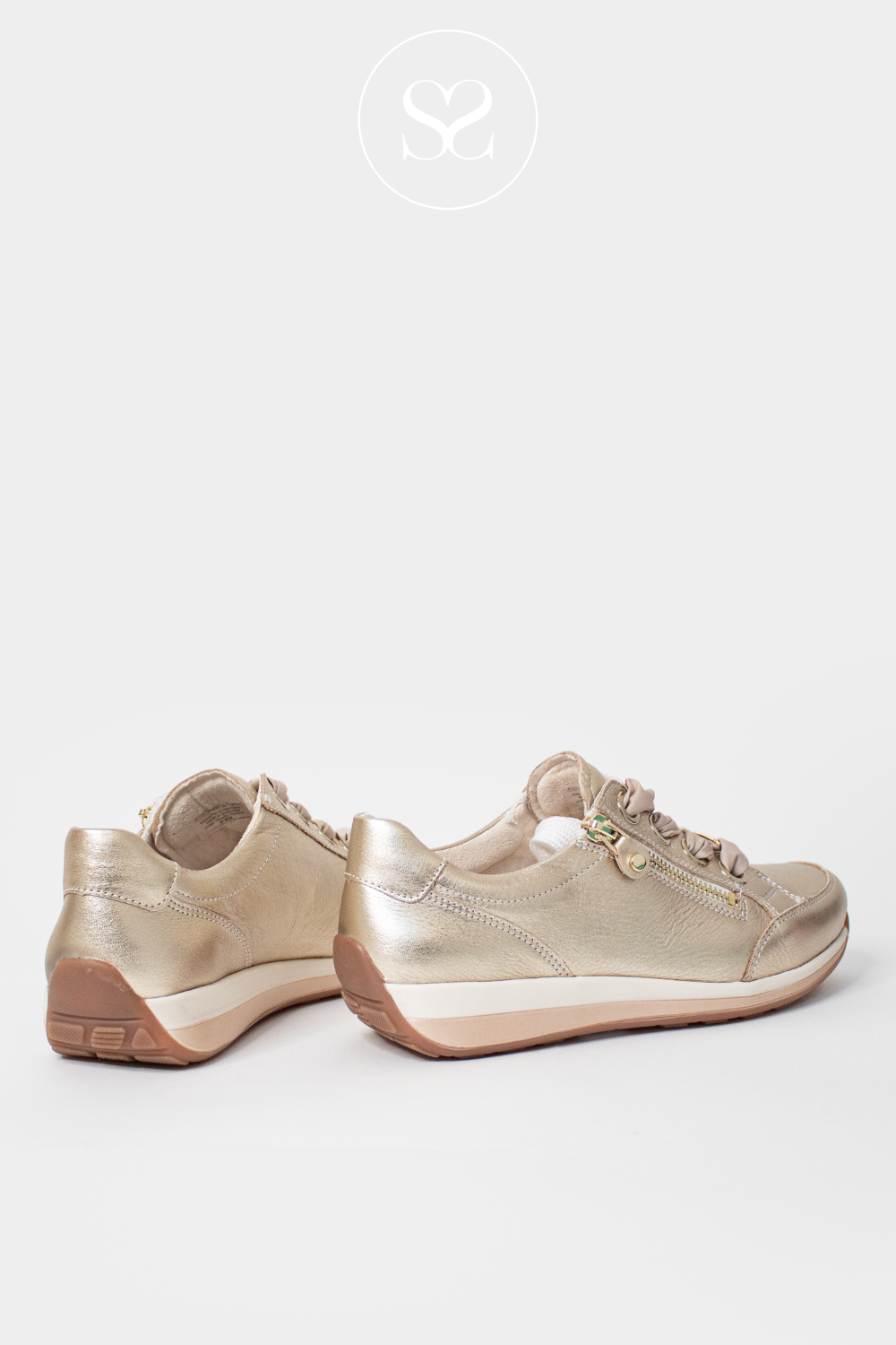 ARA GOLD LEATHER WALKING TRAINERS WITH FABRIC LACES AND SIDE ZIP. sOFT CUSHIONED INSOLE