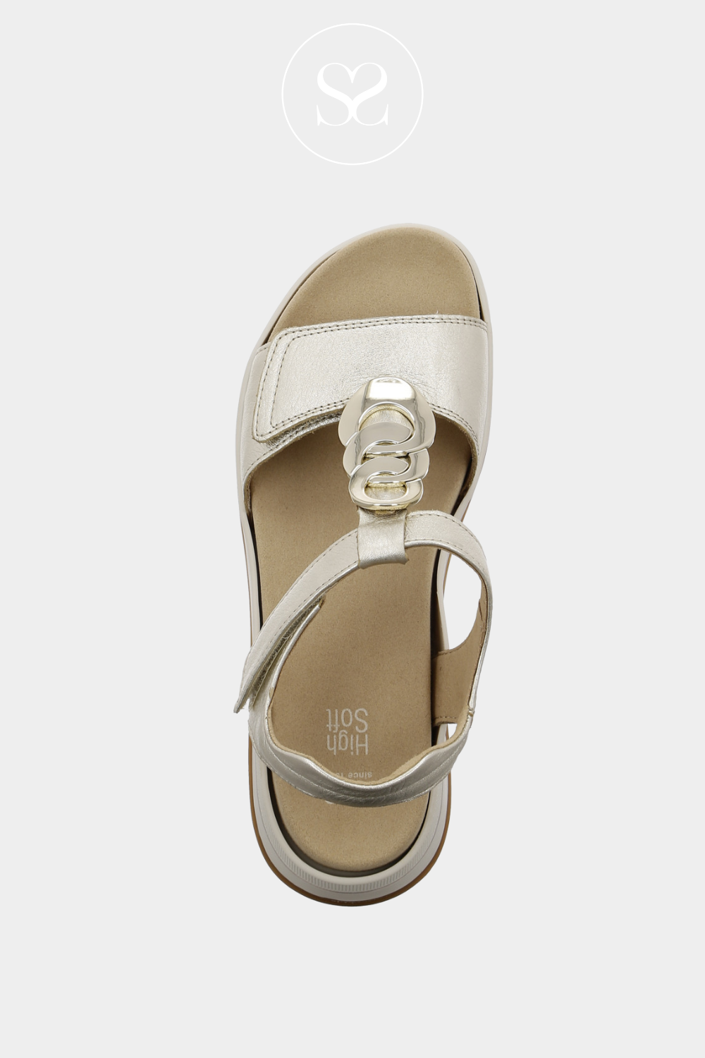 ARA 12-34826 GOLD LEATHER METALLIC WALKING LOW WEDGE SANDALS WITH TWO THICK VELCRO STRAPS AND GOLD CHAIN DETAIL