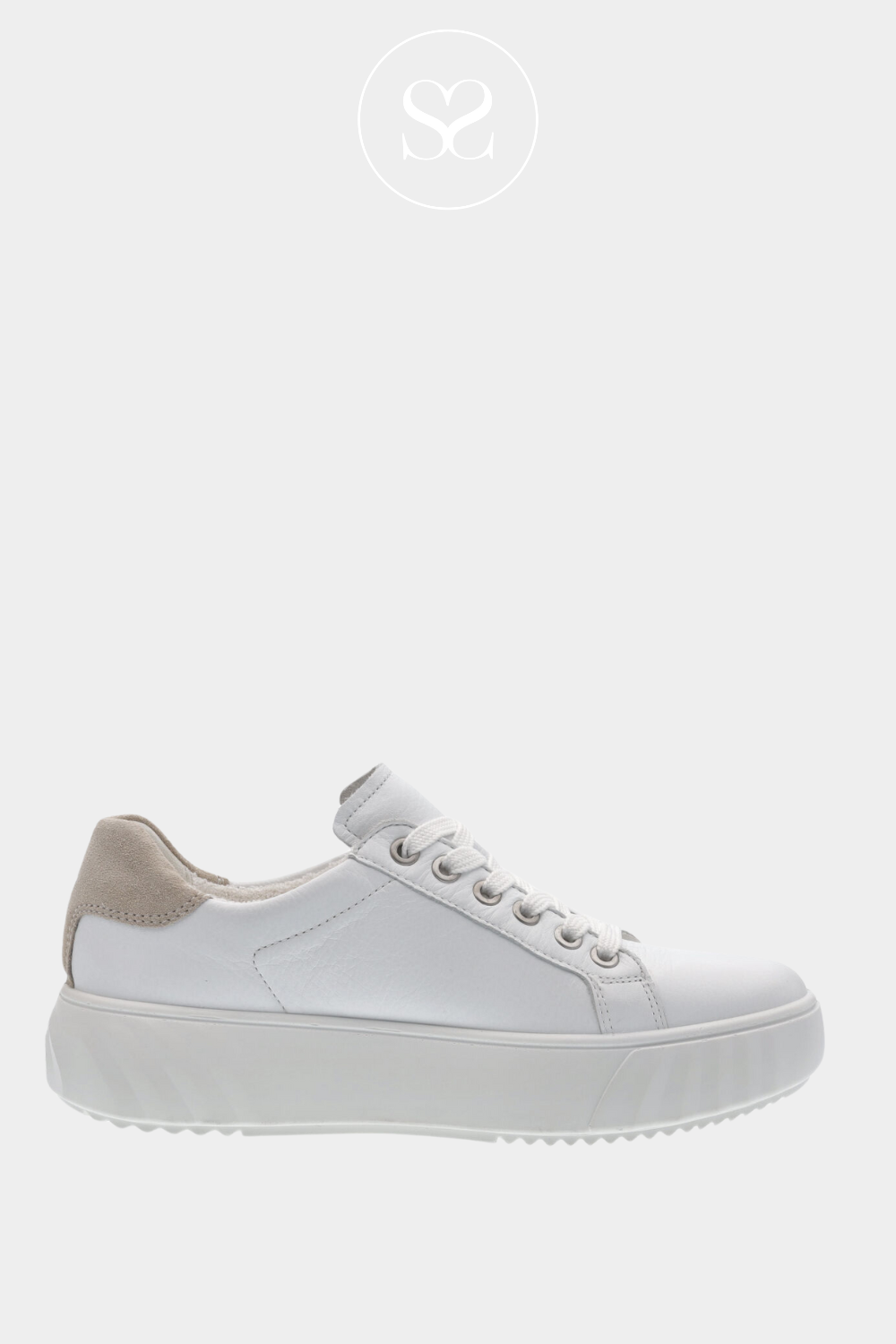 ARA WHITE LEATHER CHUNKY SOLE TRAINERS WITH TAUPE HEEL CAP, FLATFORM SOLE AND LACES
