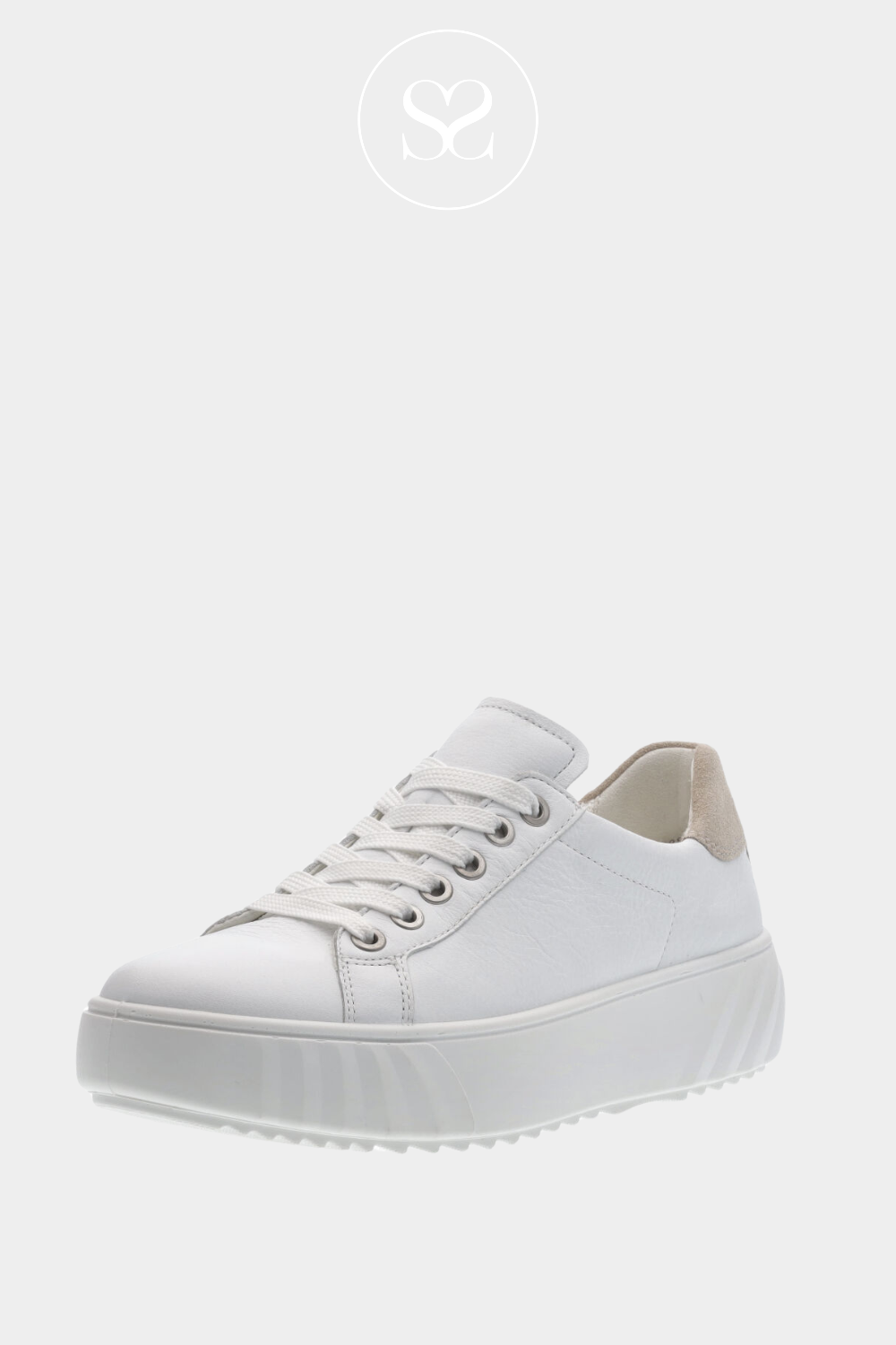 ARA WHITE LEATHER CHUNKY SOLE TRAINERS WITH TAUPE HEEL CAP, FLATFORM SOLE AND LACES