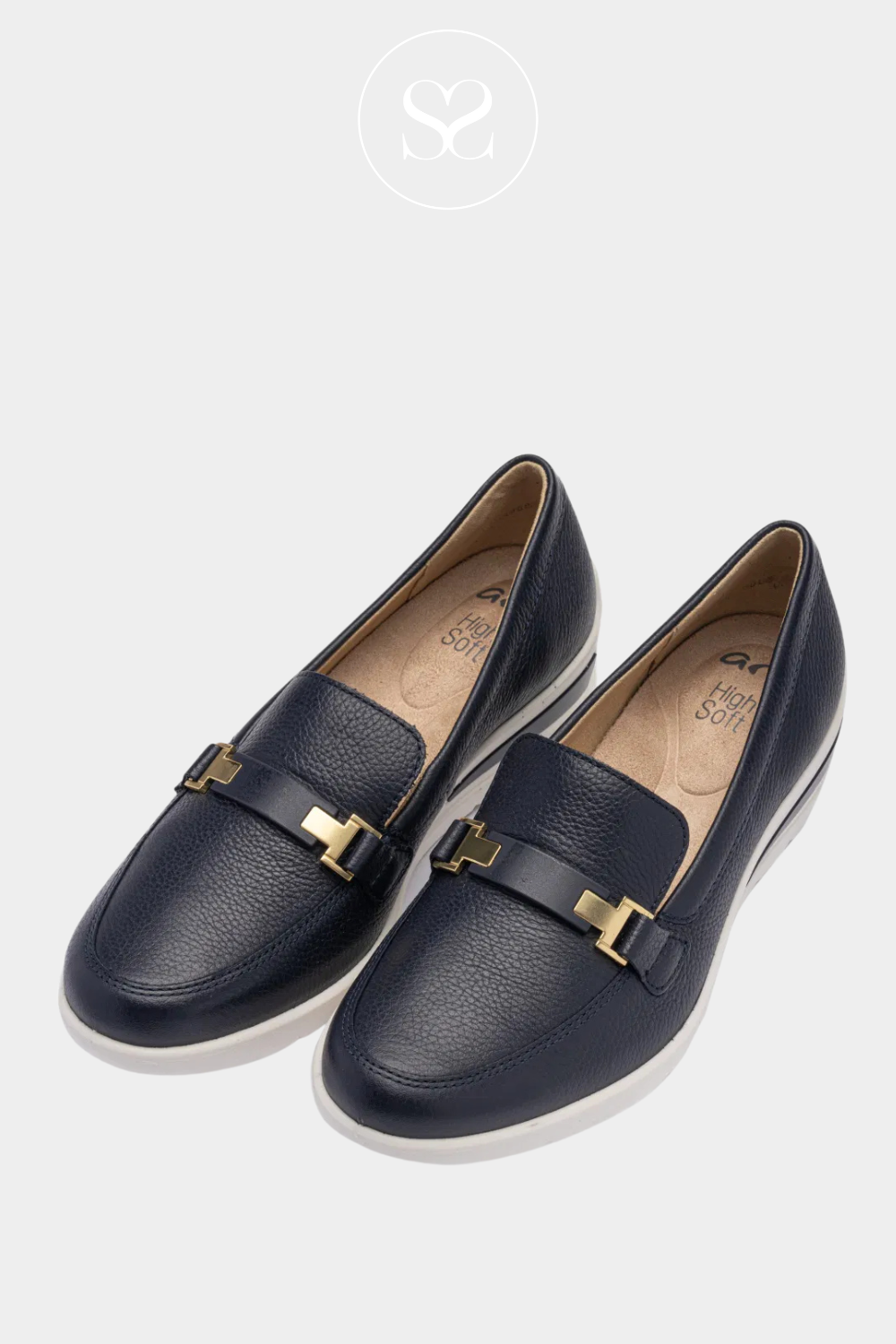 ARA navy leather wedge shoe. Slip on style with gold buckle. White elevated sole. Cushioned insole with arch support. Soft leather