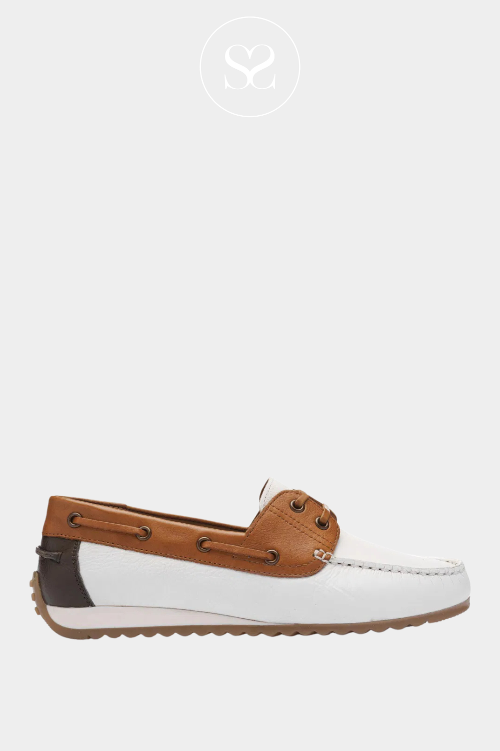 ARA white and tan leather boat shoe with lace detail and gum sole