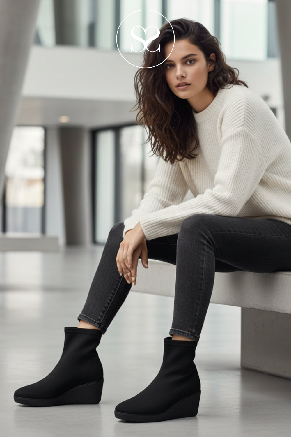MISS ELASTIC BLACK SUEDE WEDGE SOCK BOOTS 76194 