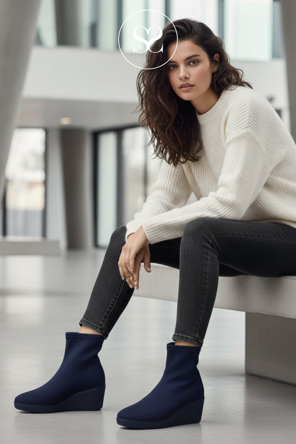 MISS ELASTIC NAVY SUEDE WEDGE SOCK BOOTS 76194