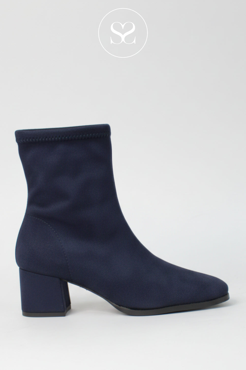 Miss Elastic Navy Suede Block Heel Sock Boots - 78330