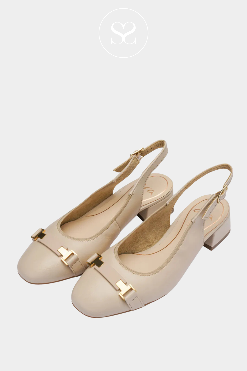 Neutral workwear shoe perfect for spring. Soft cream leather with slingback heel, adjustable ankle strap, gold hardware, low block heel