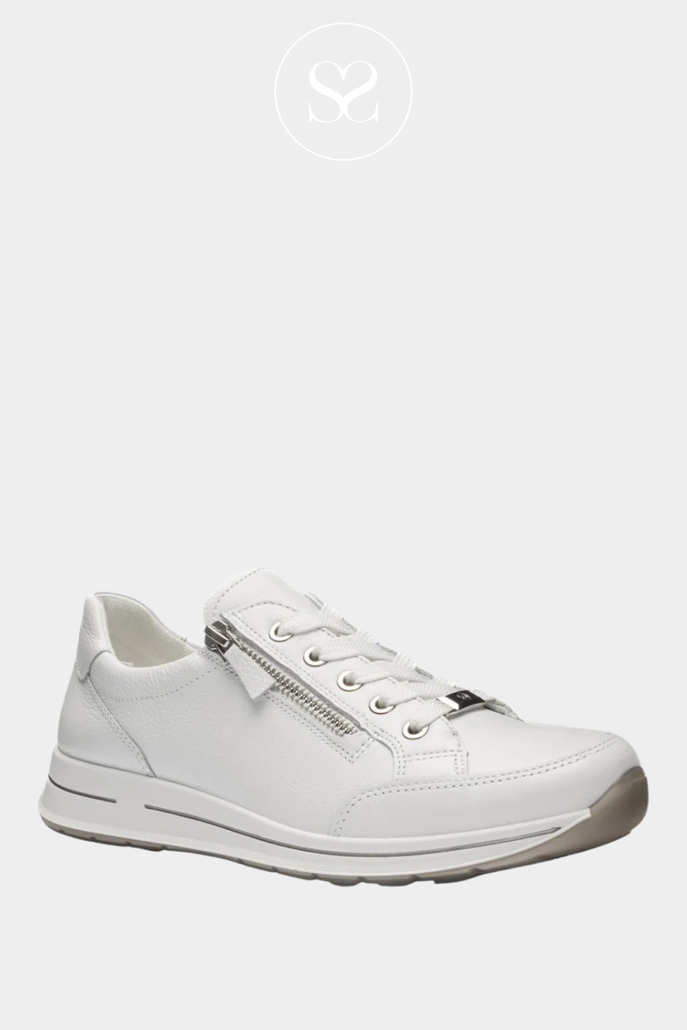 Plain white trainers with silver zip and white laces
