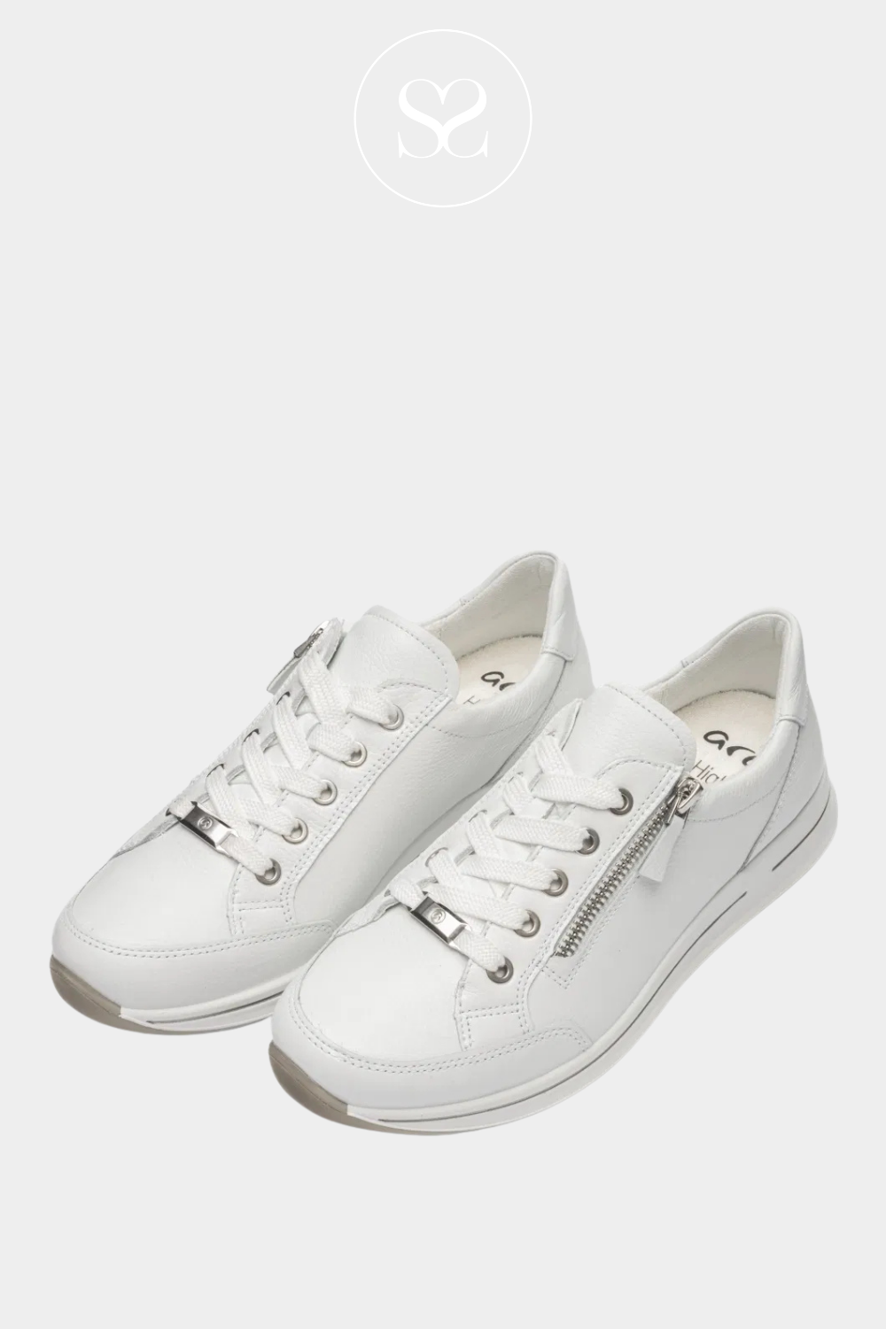 ARA 12-54801 white runners silver zip. round toe and elevated wedge sole
