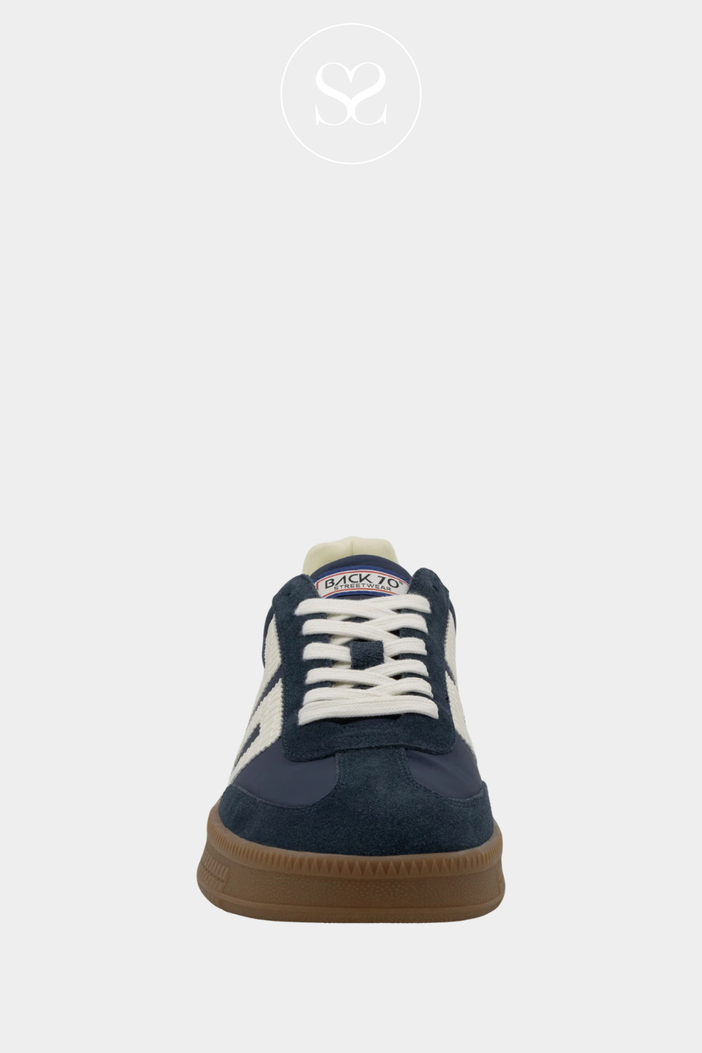 Back70 Navy Retro Trainer for women displayed from side angle, highlighting stitched retro design, 1.5cm heel, and removable cushioned insole.