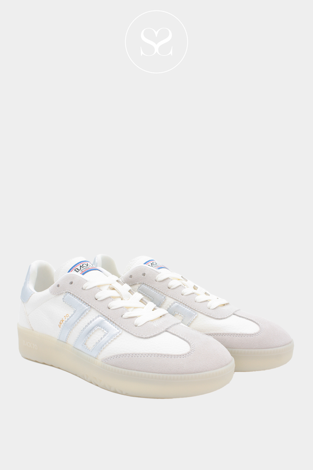 BACK 70 BOSTON WHITE AND SILVER LEATHER TRAINERS WITH SUEDE DETAILS