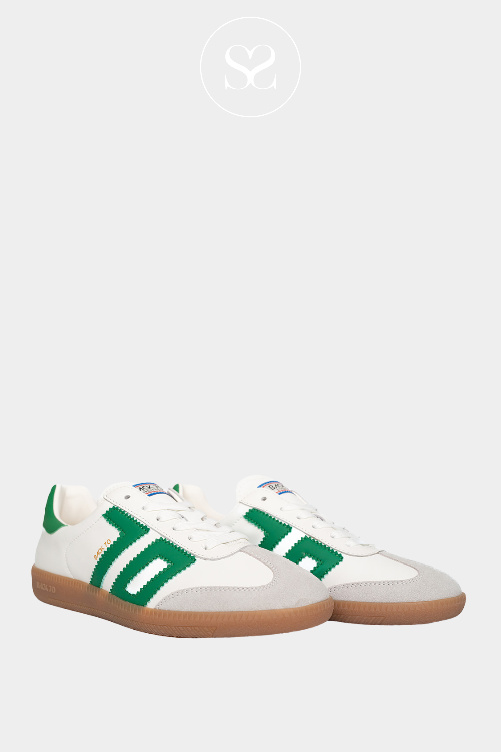 BACK 70CLOUD 2505-13 GREENAND WHITE LEATHER LACE UP TRAINERS WITH SUEDE DETAIL