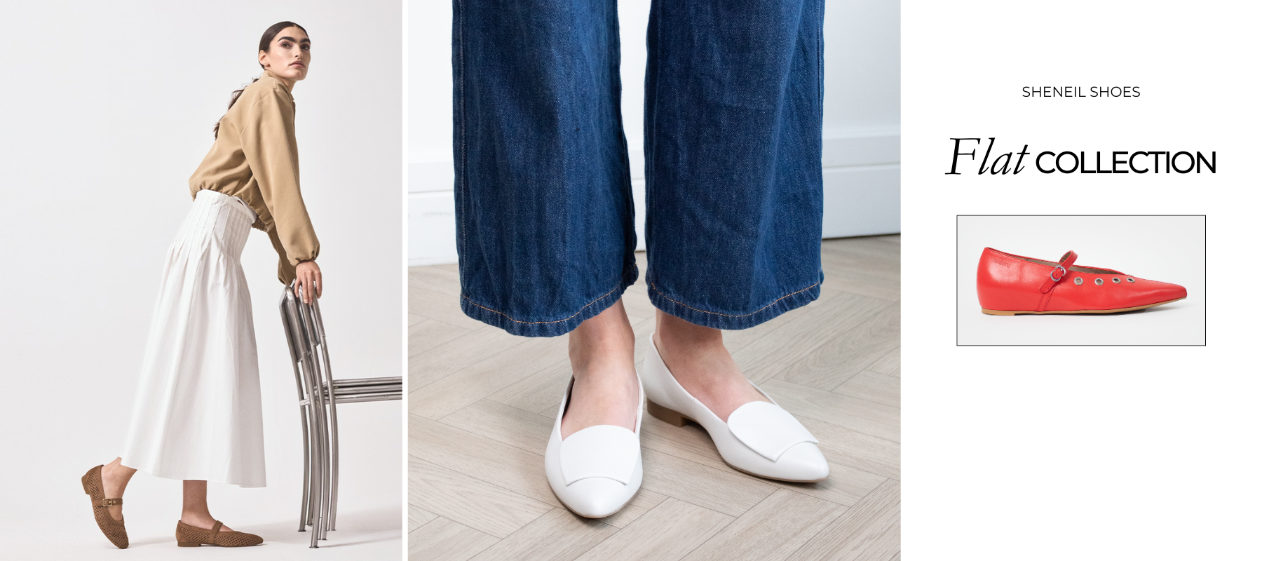 Woman wearing white ballet flats with a close-up of the shoes and 'Shenell Shoes' branding.