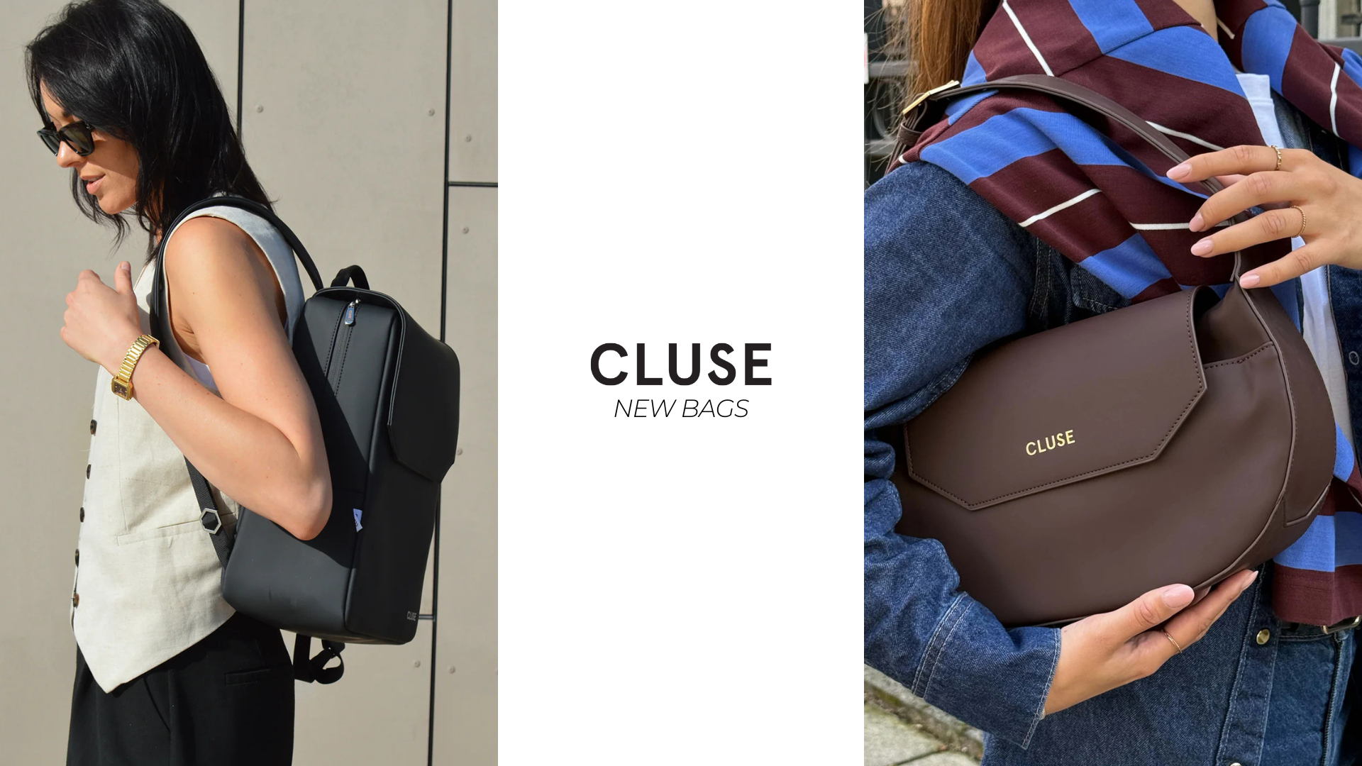 Two images of Cluse bags: a black backpack and a brown saddle bag, with people holding them available in Galway shoe shop Sheneil Shoes