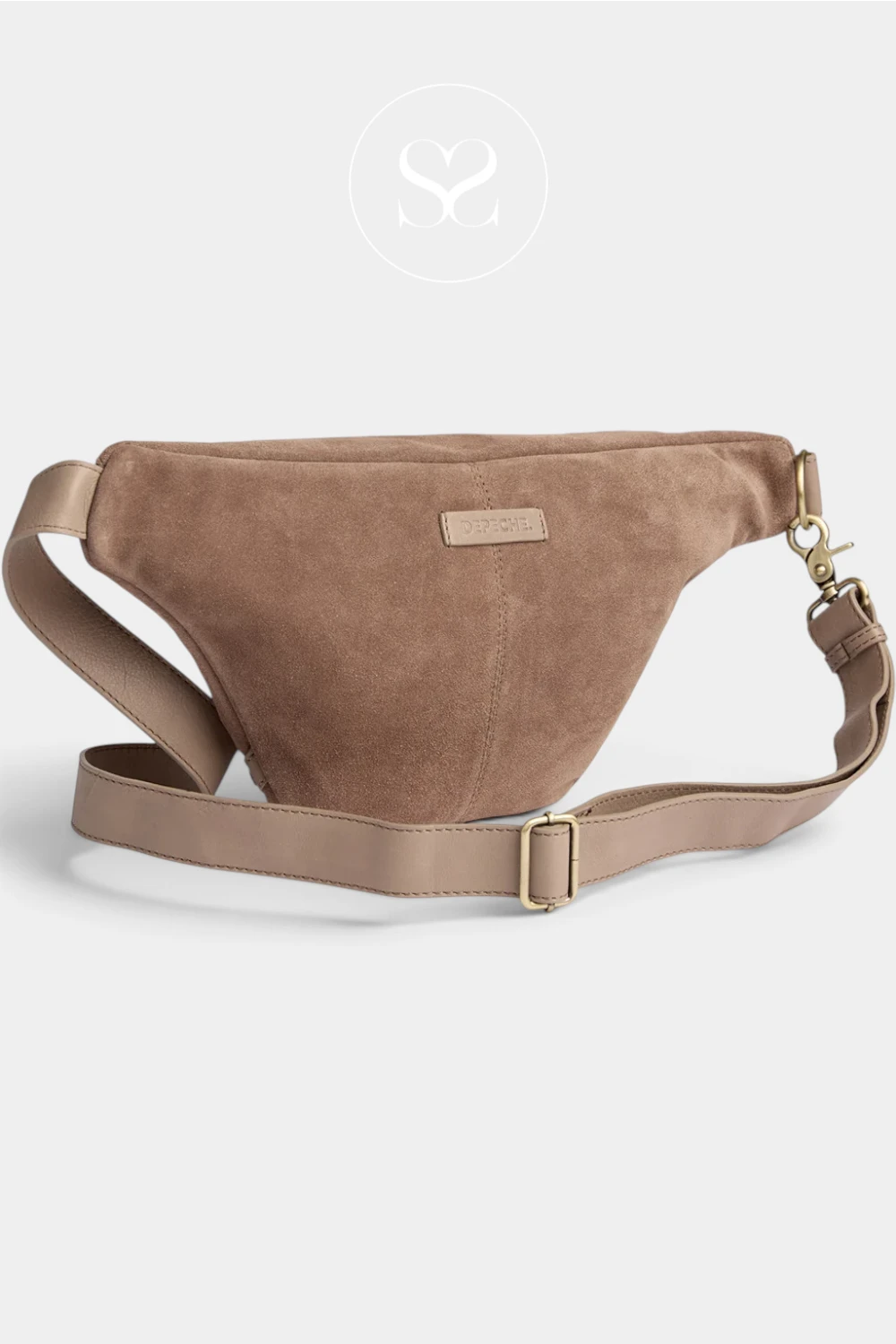 A taupe brown suede fanny pack with a matching adjustable leather strap and gold-tone hardware, displayed on a light gray background with a faint circular logo watermark above.