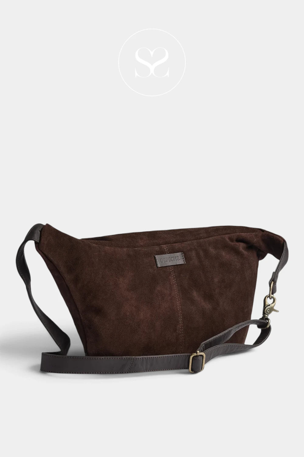 A dark brown suede crossbody bag with a matching adjustable shoulder strap and a small rectangular brand plaque, displayed on a light gray background.