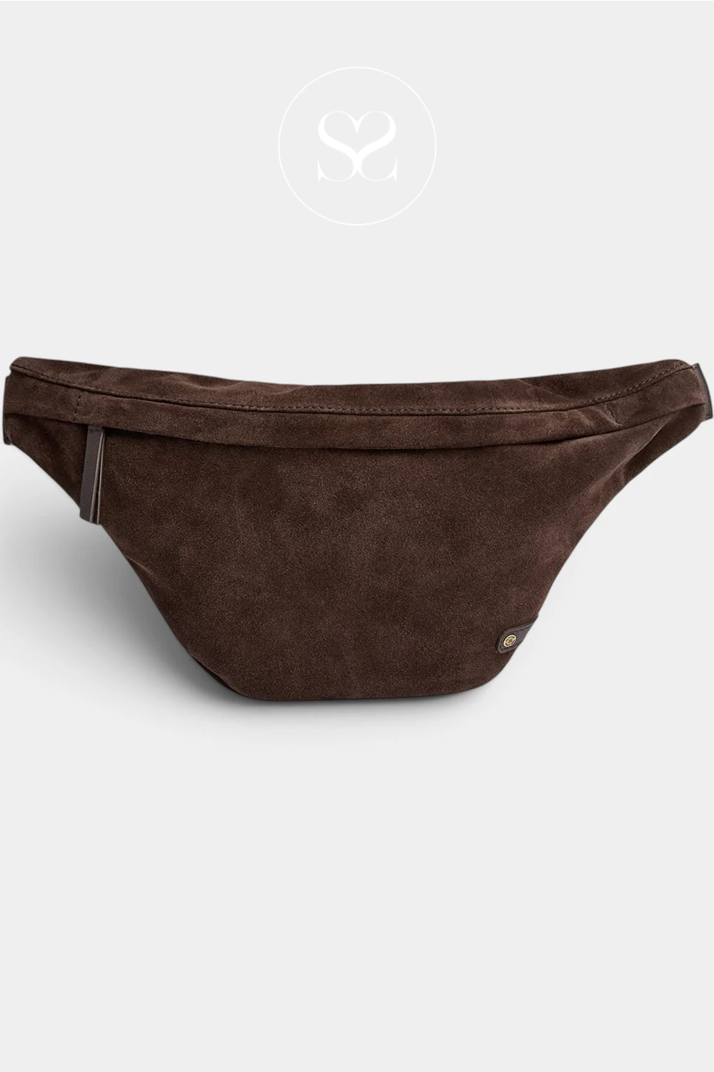 A dark brown suede waist bag with a matching adjustable strap, displayed on a light gray background with a faint logo watermark at the top.