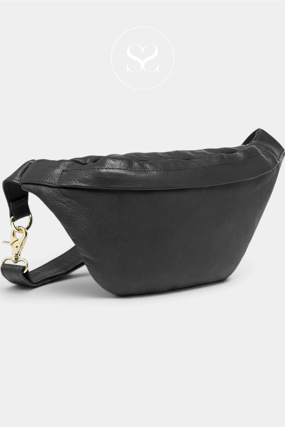 A black textured leather fanny pack with a gold-tone clasp and adjustable strap, shown on a light gray background with a faint watermark logo at the top.