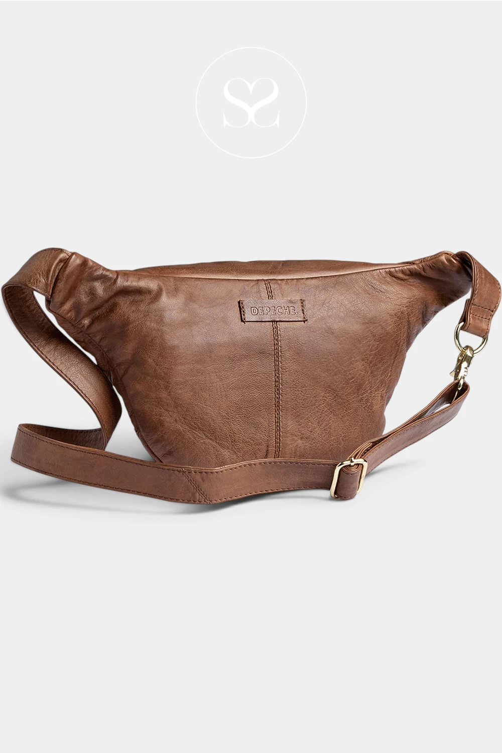 A brown leather fanny pack with a matching adjustable shoulder strap, displayed on a light gray background. A small metal brand plaque on the front reads 'SODI'.