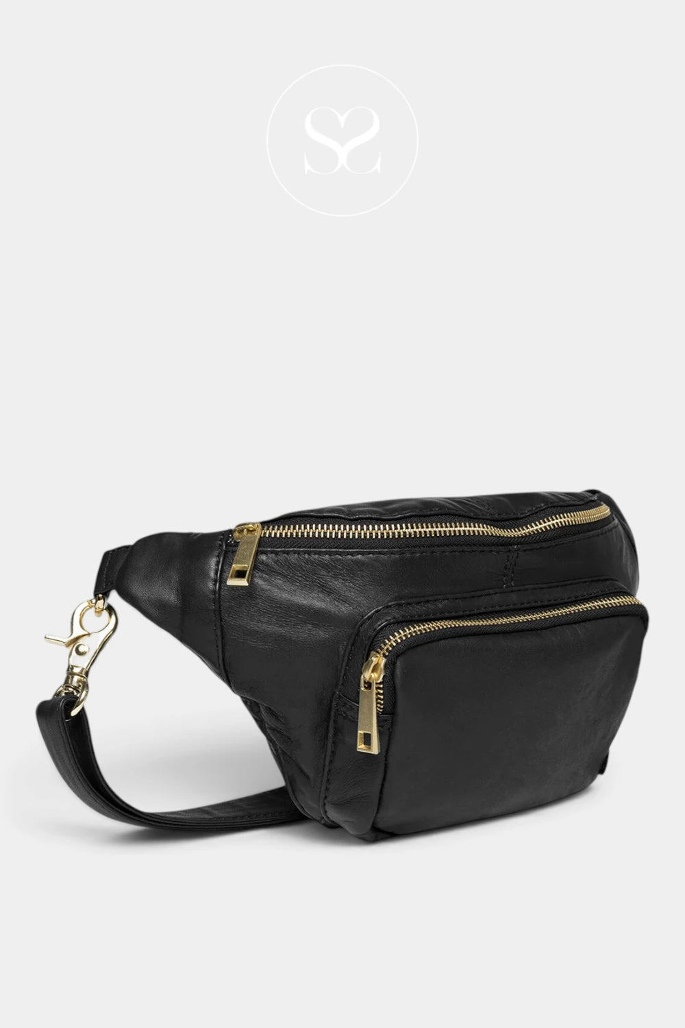 Depeche black leather crossbody bumbag with gold-tone zippers and hardware, displayed on a light gray background with a faint brand logo at the top.