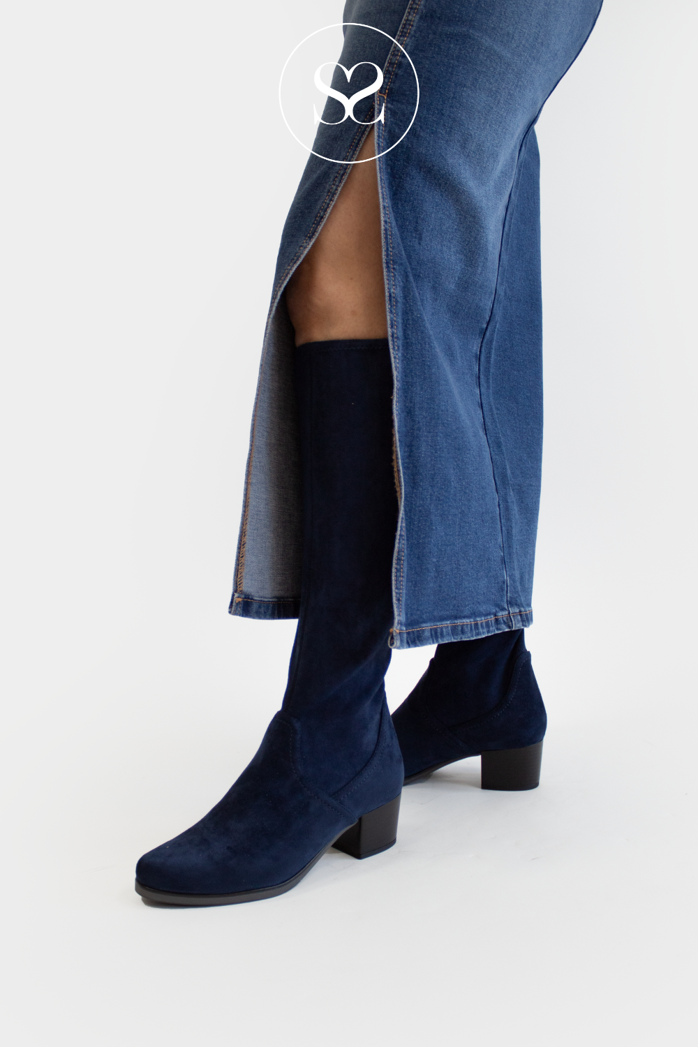 Navy knee boots best sale