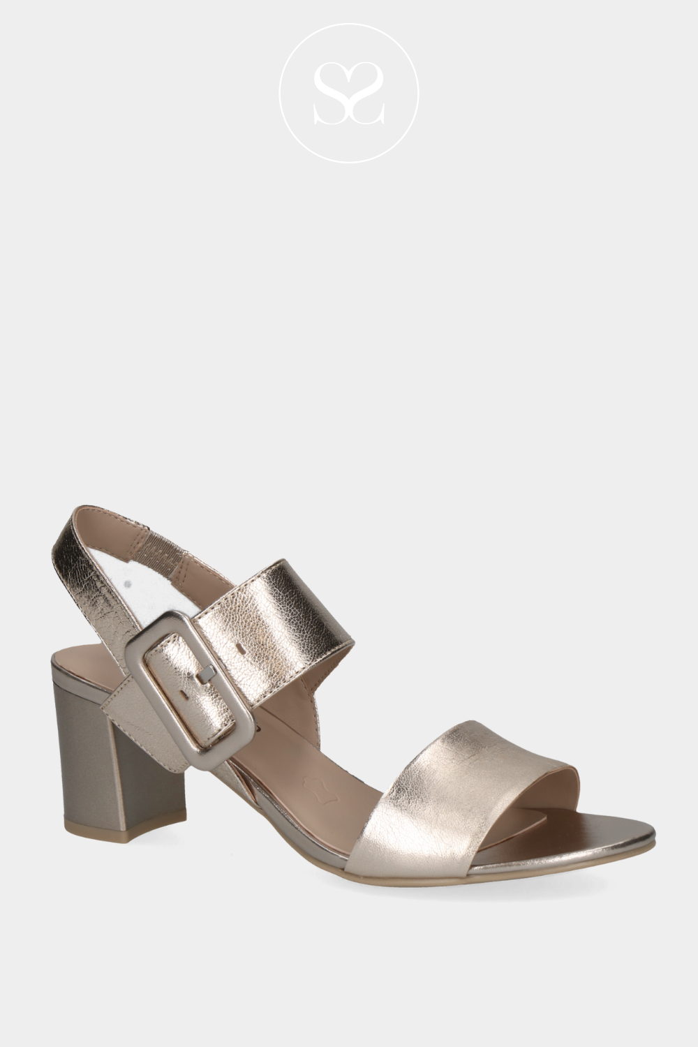 CAPRICE 9-28306-42 GOLD LEATHER BLOCK HEEL SANDALS WITH TWO THICK STRAPS ACROSS FOOT AND ADJUSTABLE BUCKLE