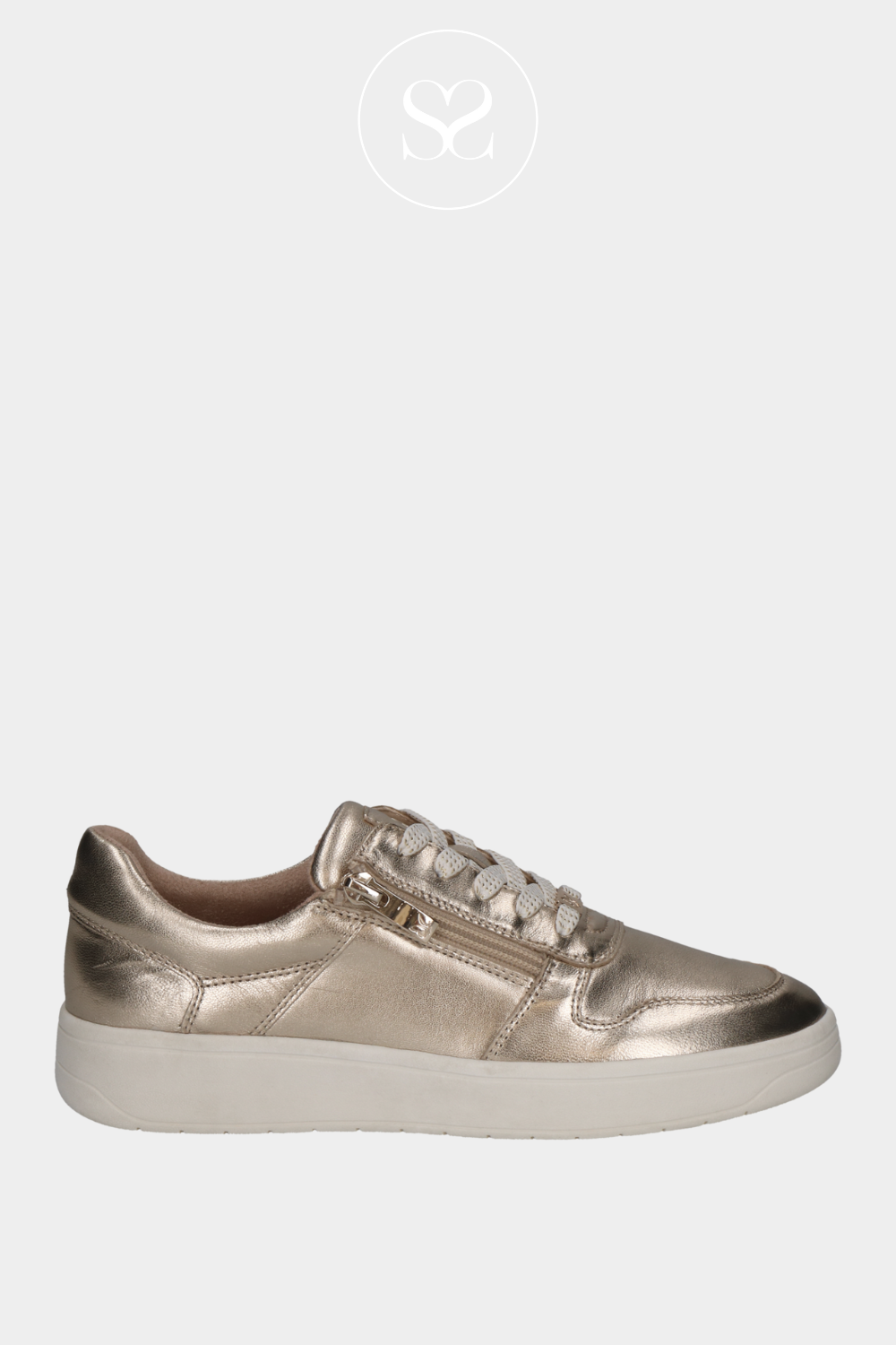 CAPRICE 9-23301-42 GOLD METALLIC LEATHER TRAINERS WITH ZIP AND LACE FASTENING. ON A WHITE SOLE. REMOVABLE INSOLE AND SUITABLE FOR WALKING.