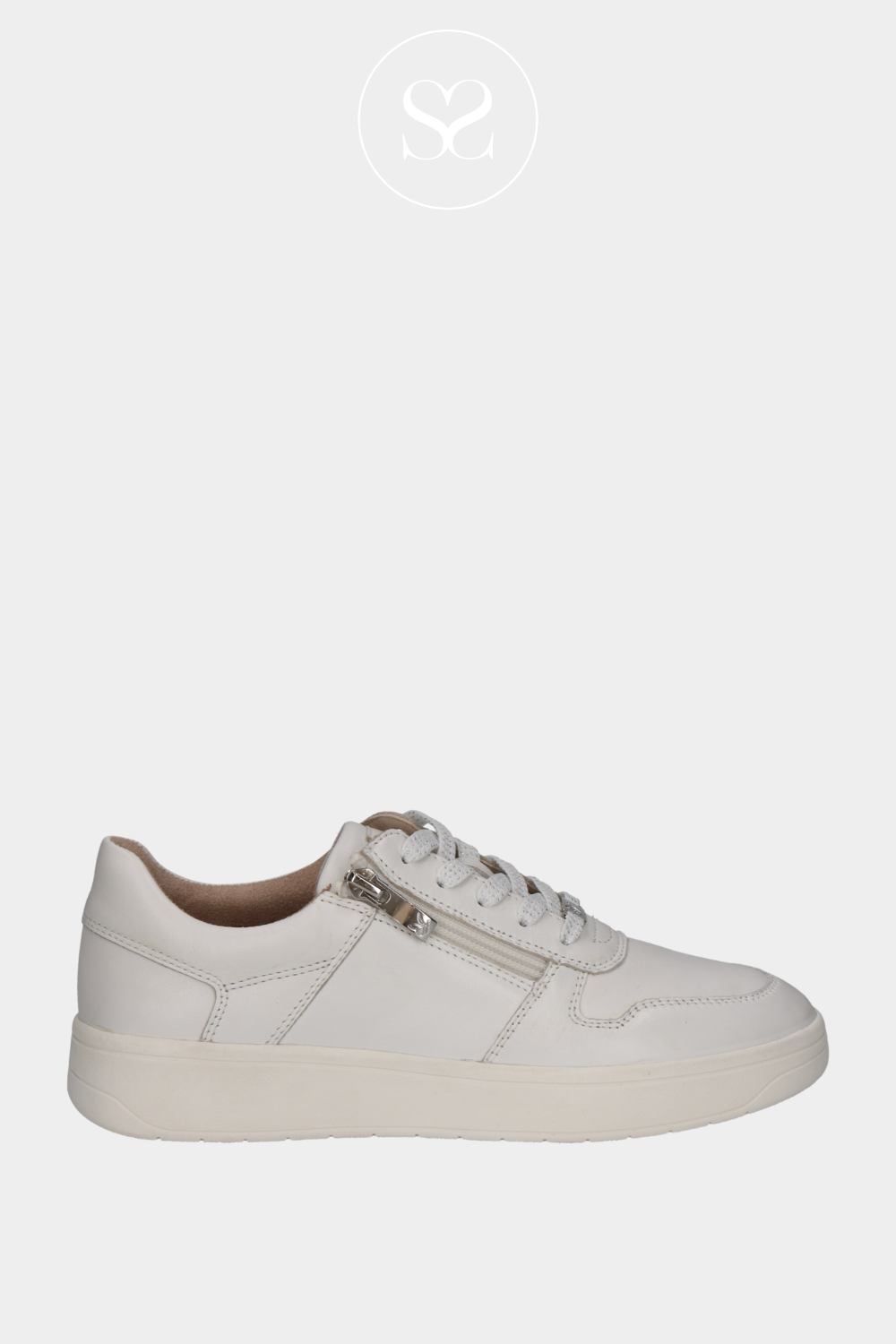 CAPRICE 9-23301-42 WHITE LEATHER TRAINER WITH ZIP AND LACE FASTENING. SIMPLE AND VERSTAILE WALKING TRAINERS