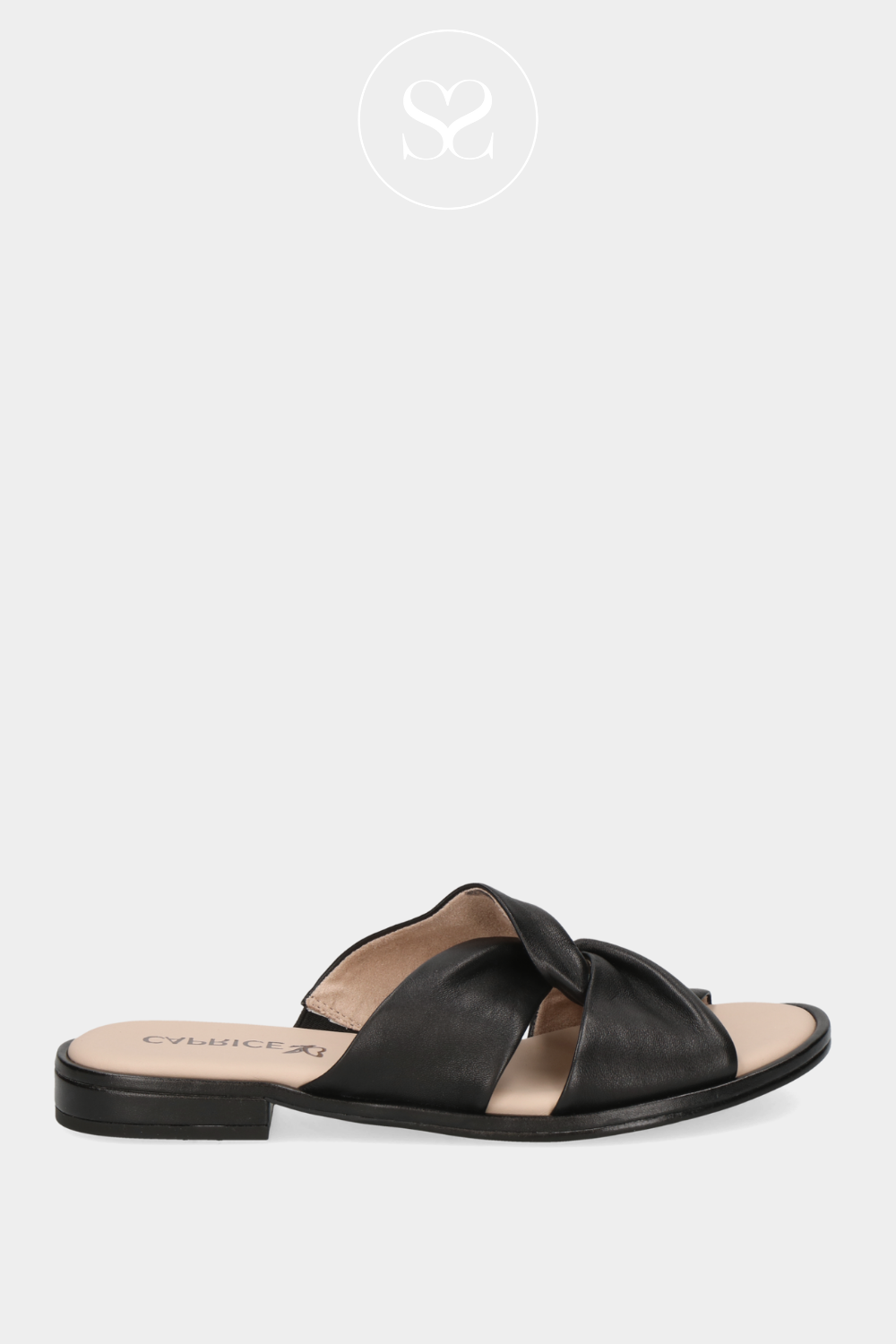 CAPRICE 9-27100-42 BLACK LEATHER FLAT SLIP ON SLIDERS WITH CRISS CROSS STRAPS