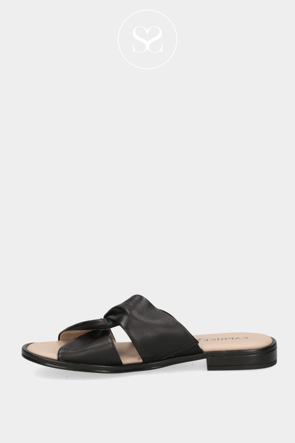CAPRICE 9-27100-42 BLACK LEATHER FLAT SLIP ON SLIDERS WITH CRISS CROSS STRAPS