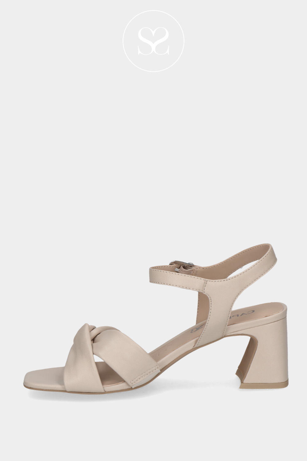 CAPRICE 9-28316-42 IVORY OFF WHITE BLOCK HEELED SANDALS WITH KNOTTED BOW ACROSS THE TOE STRAP AND AN ADJUSTABLE ANKLE STRAP