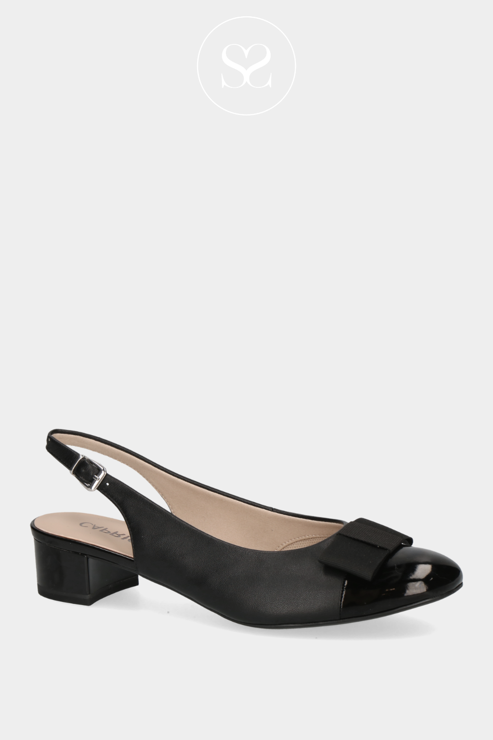 CAPRICE 9-29502-42 BLACK HEELED PUMP WITH ADJUSTABLE SLINGBACK STRAP AND BLACK BOW TO THE FRONT
