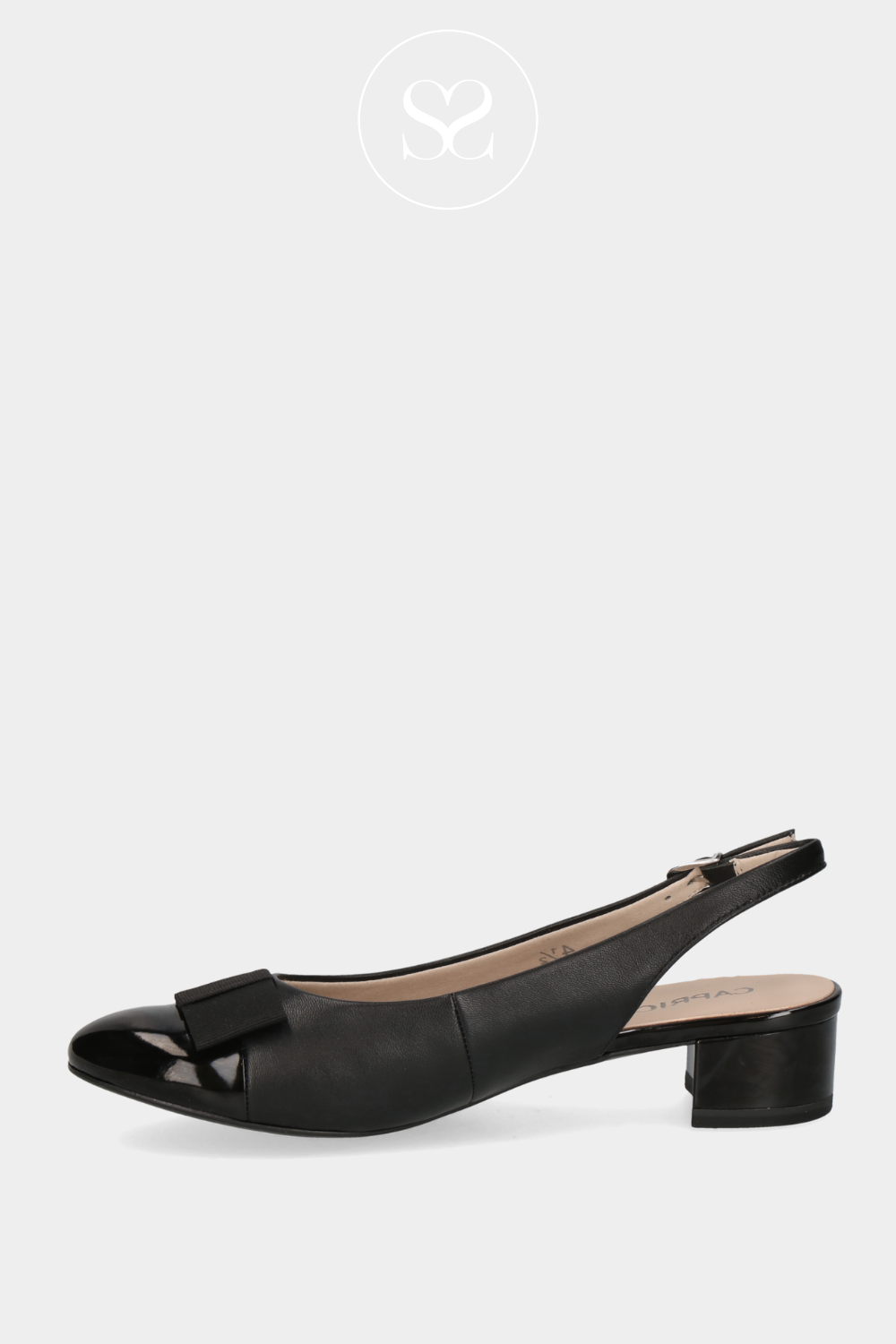 CAPRICE 9-29502-42 BLACK HEELED PUMP WITH ADJUSTABLE SLINGBACK STRAP AND BLACK BOW TO THE FRONT