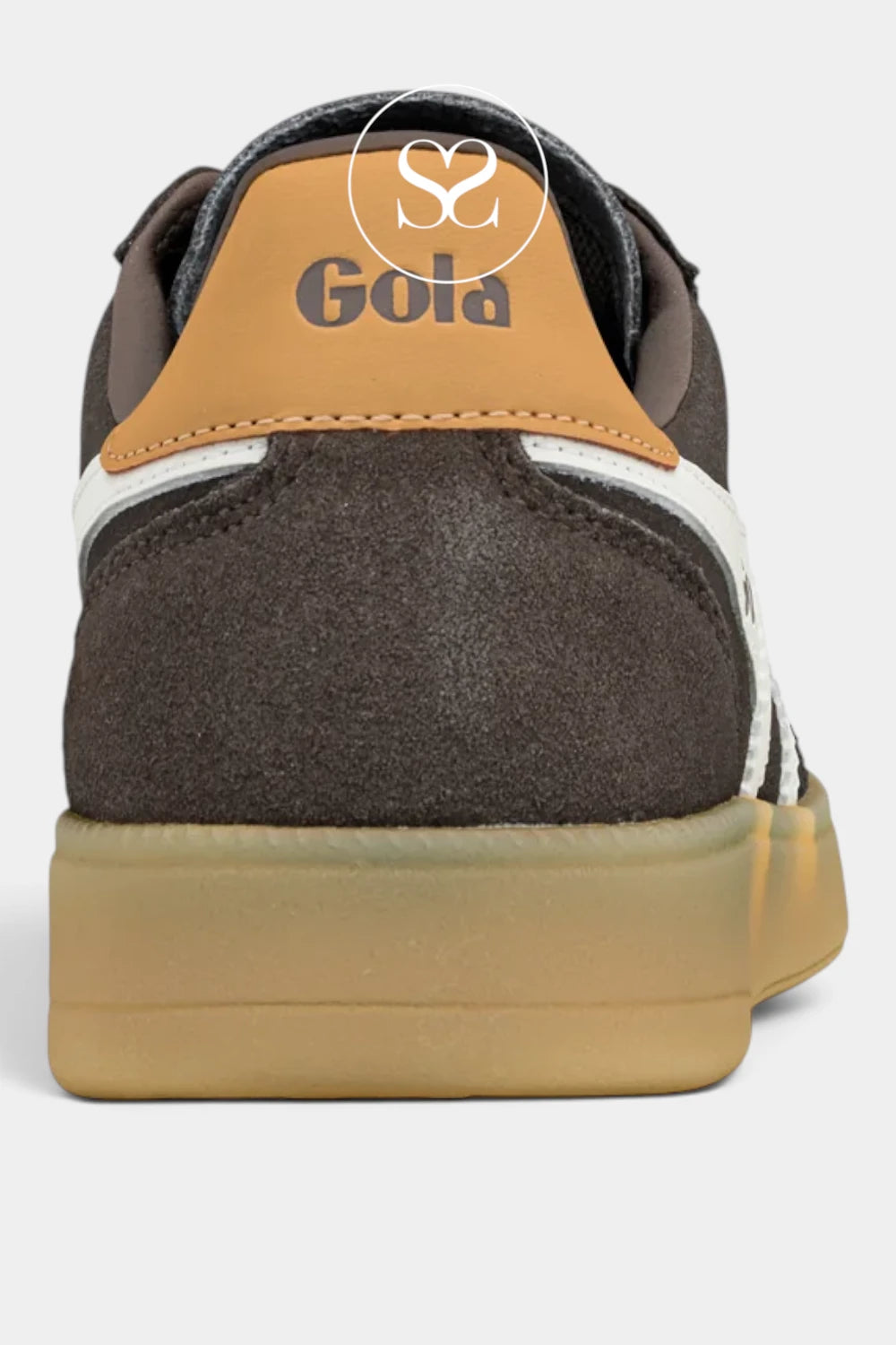 A close-up rear view of a Gola sneaker in dark brown suede with a tan heel tab, white side stripes, and a gum sole, on a light gray background.