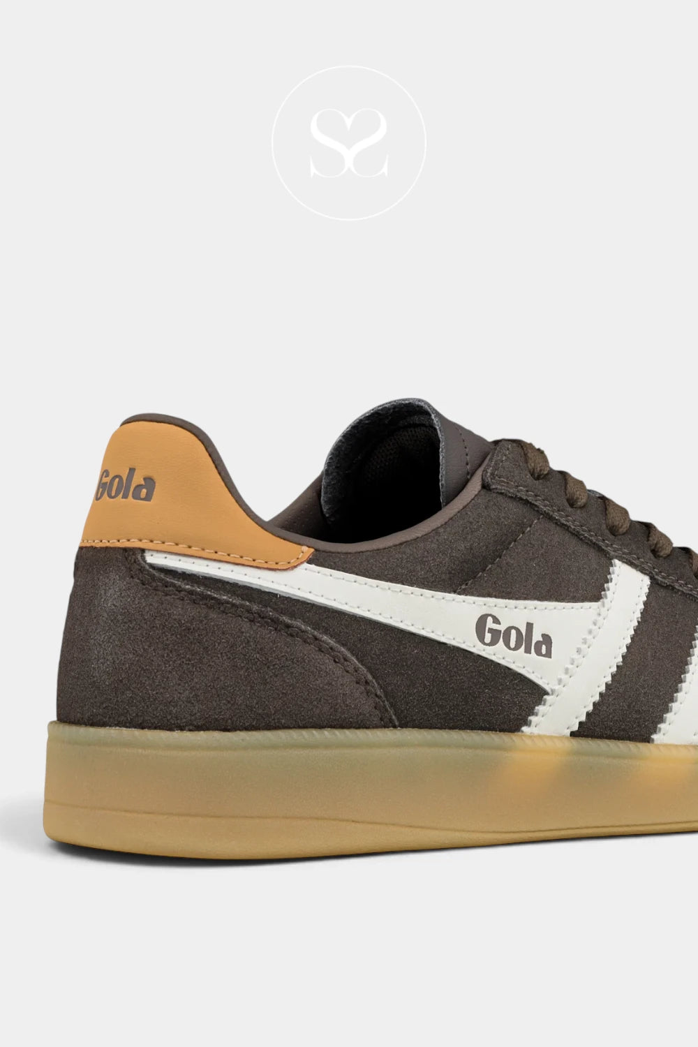 A close-up side view of a Gola brand low-top sneaker in dark brown suede with a white side stripe, tan heel tab, and a gum-colored sole, set against a light gray background.