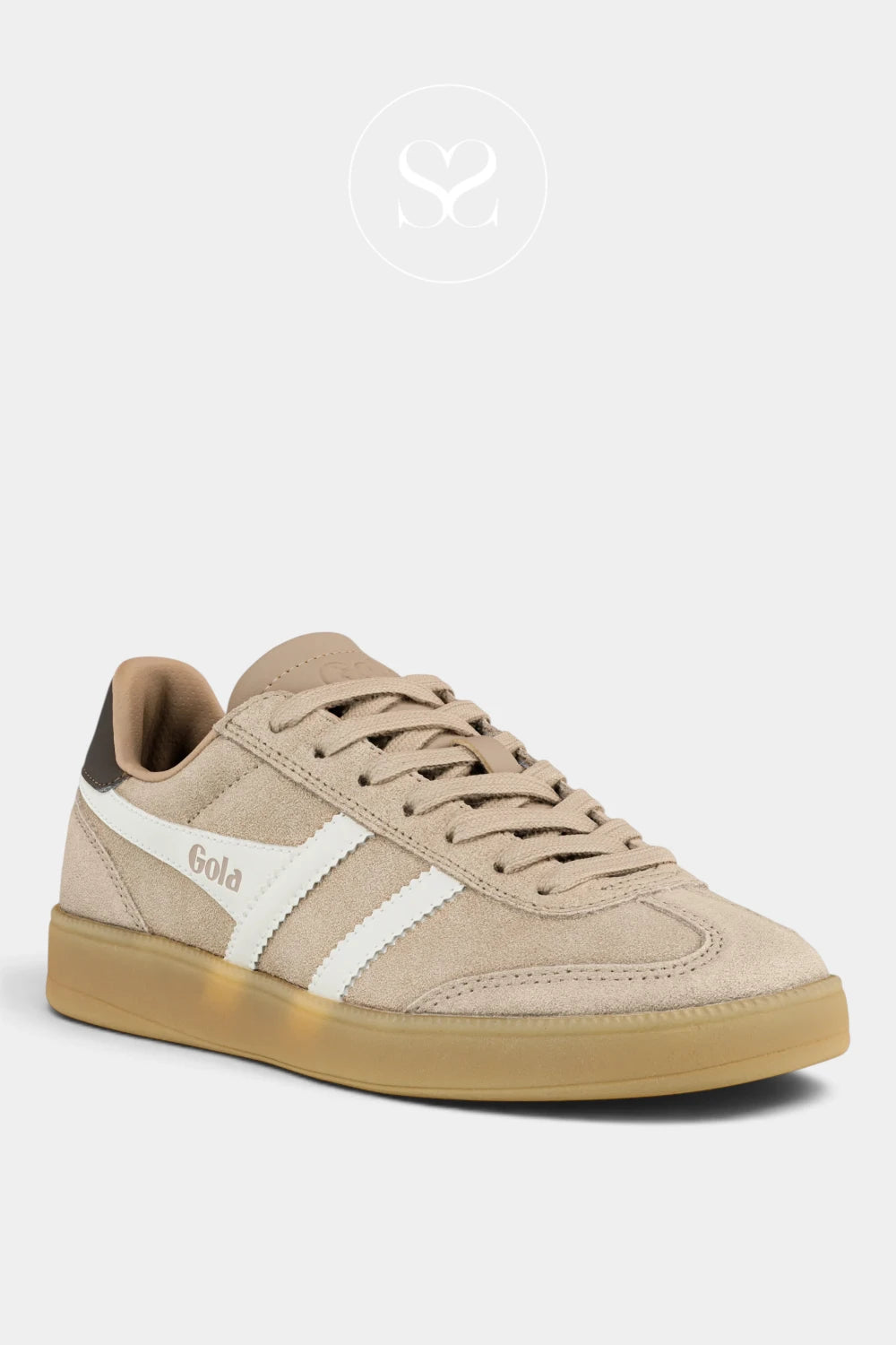 A beige suede low-top sneaker with a white side stripe, tan gum sole, and 'Gold' branding on the side, shown against a light gray background.