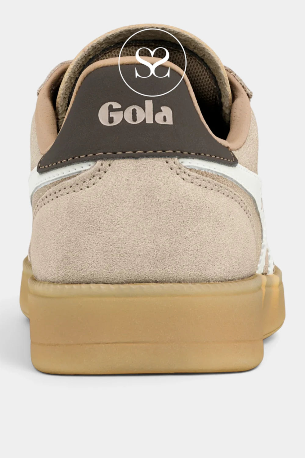 A close-up rear view of a Gola sneaker in beige suede with a dark brown heel tab, white side stripe, and tan gum sole, shown on a light gray background.