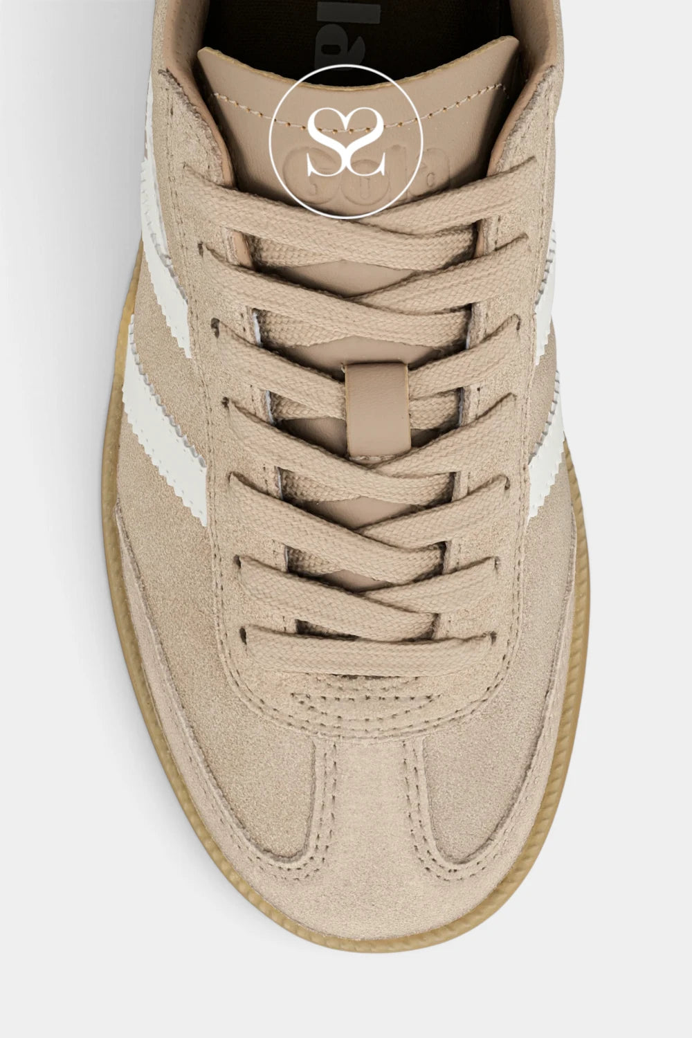 A top-down view of a beige suede high-top sneaker with white side stripes, beige laces, and a tan rubber sole, shown on a light gray background.