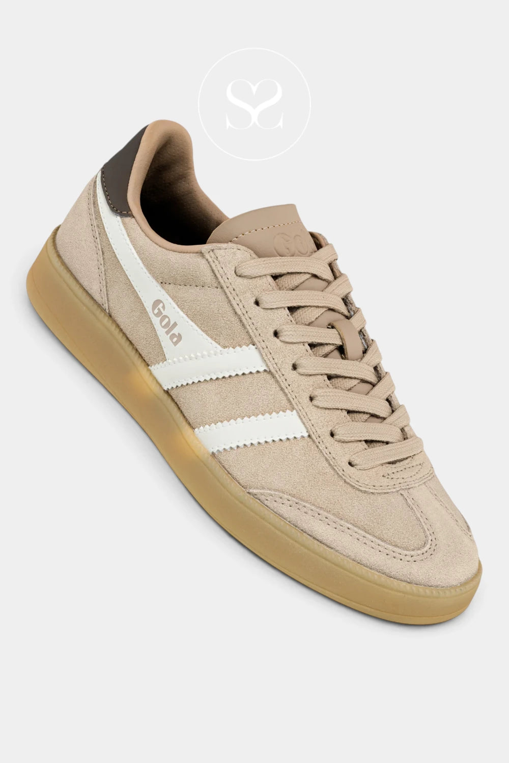 A beige suede sneaker with white side stripes, a tan gum sole, and the brand name 'Gola' printed on the side, shown on a light gray background.