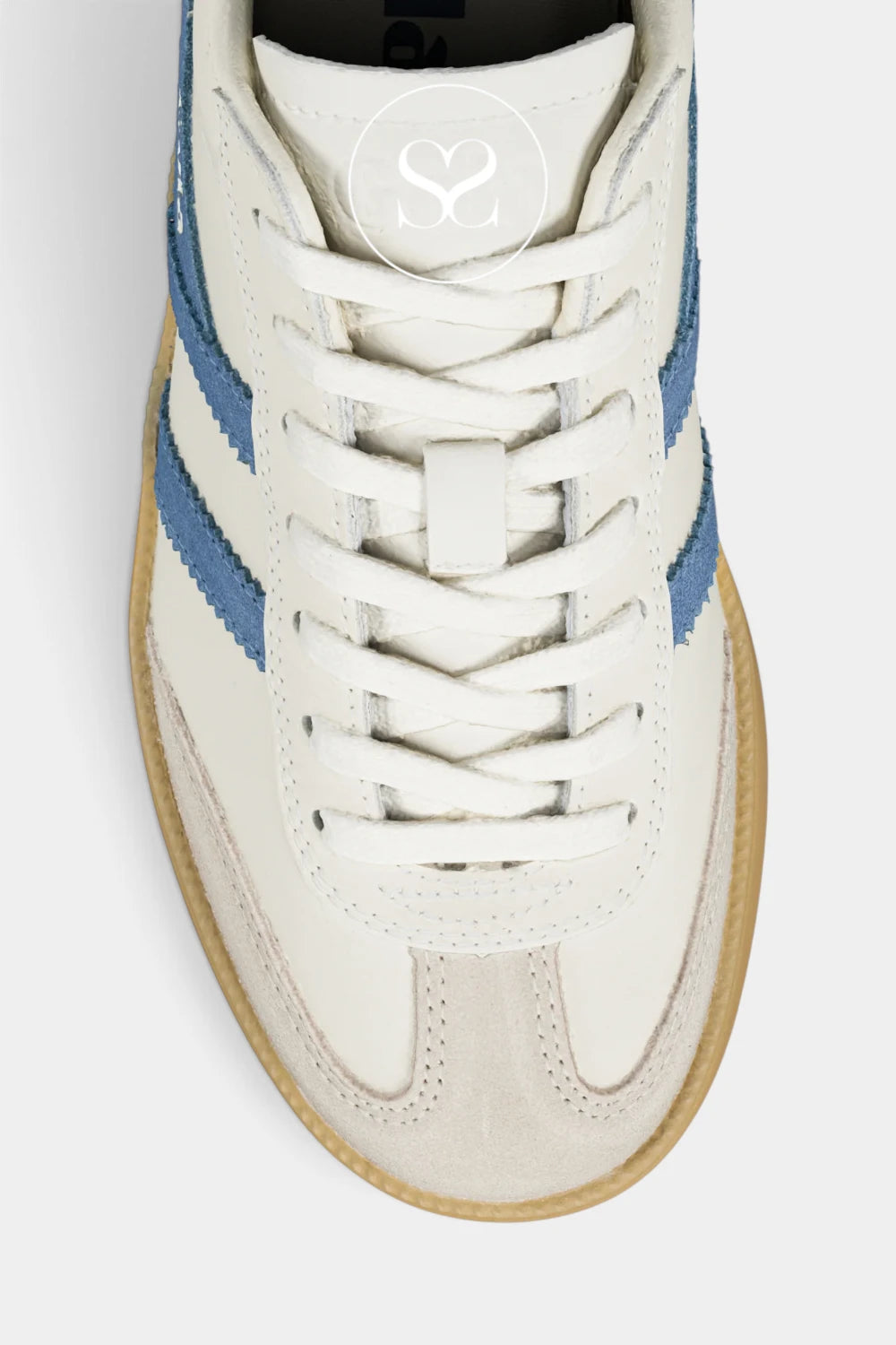 A top-down close-up of a high-top sneaker in off-white leather with blue side stripes, white laces, and a gum-colored sole, shown on a light gray background.