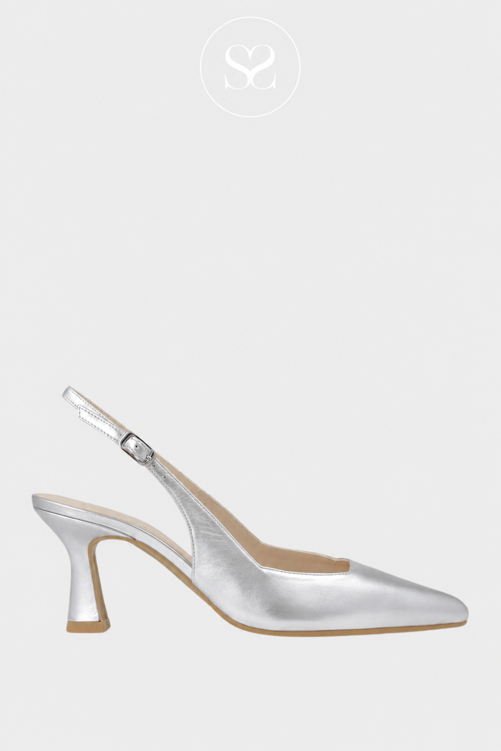 LODI GELINES Silver Leather Pointed Toe Slingback Mid Heel