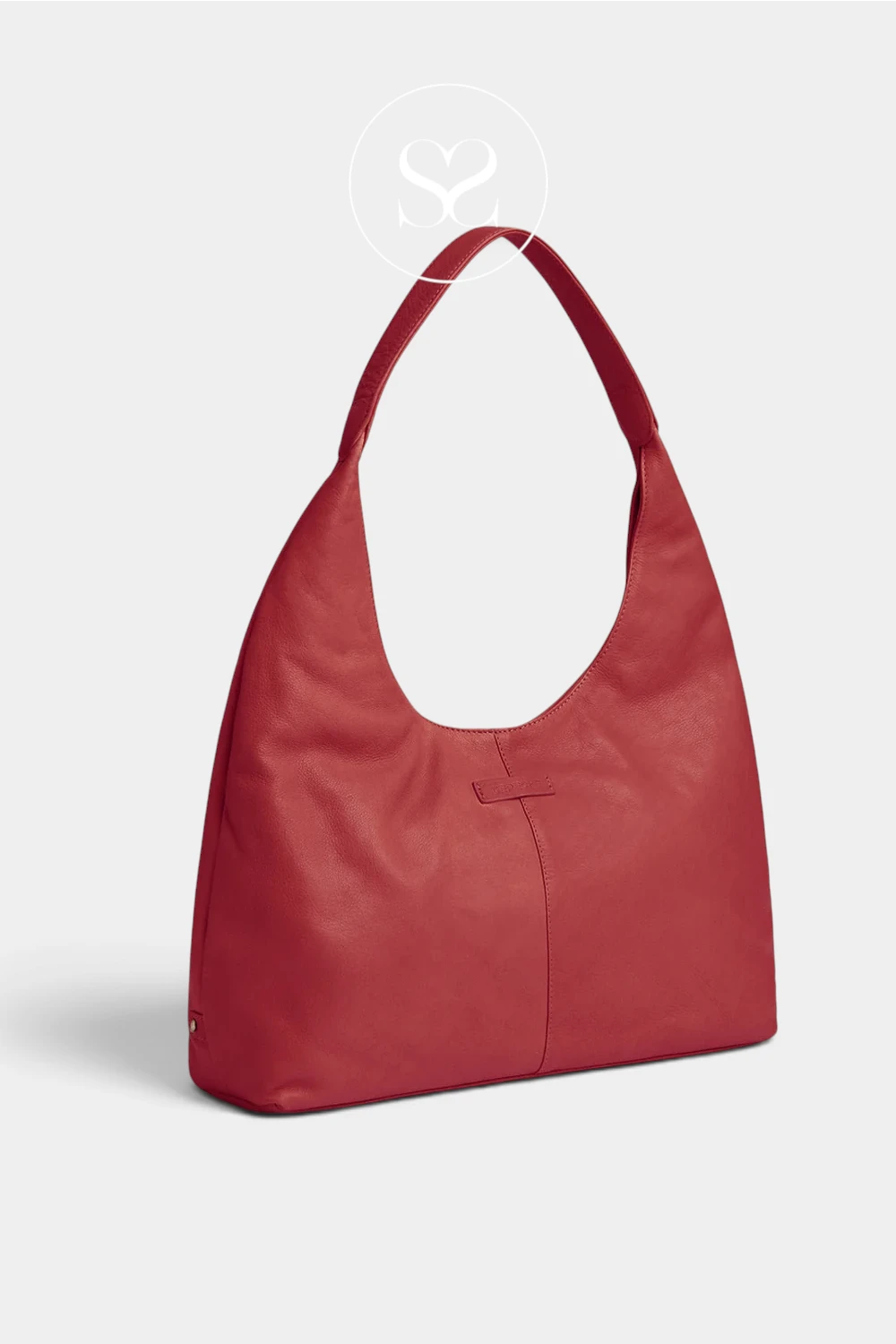 A red leather hobo shoulder bag with a single strap, shown on a light gray background with a faint white logo watermark above it.