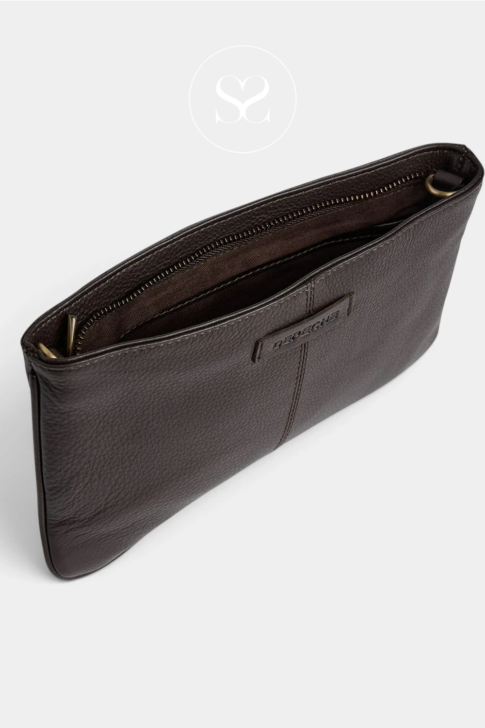 A dark brown textured leather clutch bag shown from an elevated angle, revealing its interior zipper closure and a small debossed brand plaque on the front, set against a light gray background.