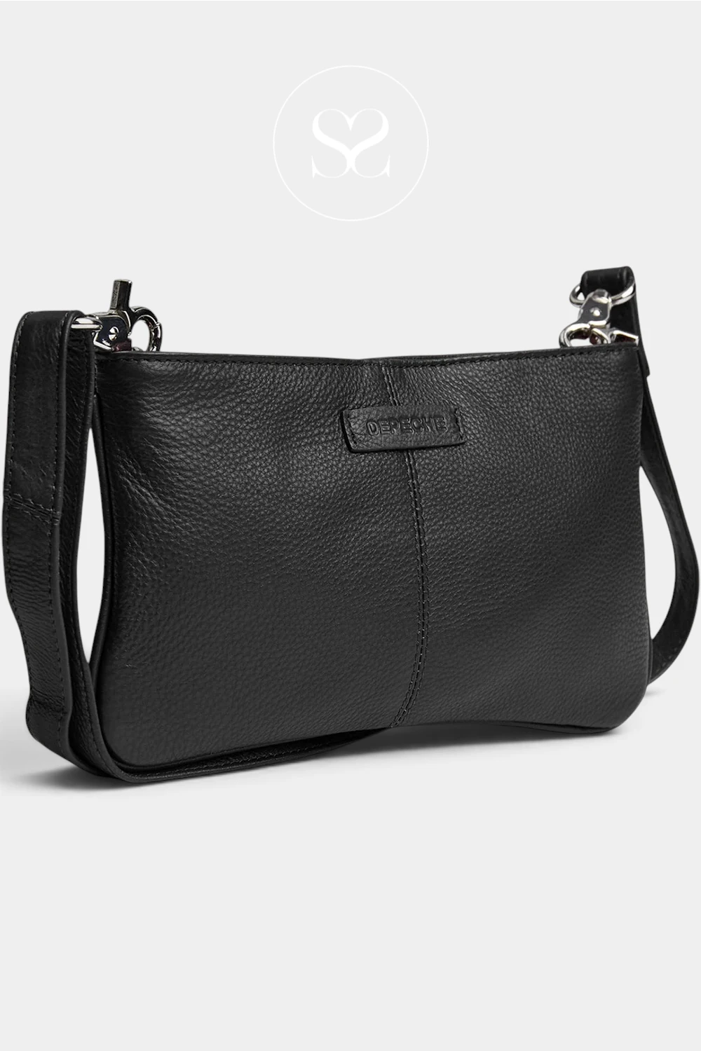 A black pebbled leather shoulder bag with a silver-tone metal ring and strap hardware, shown on a light gray background with a faint watermark logo at the top.