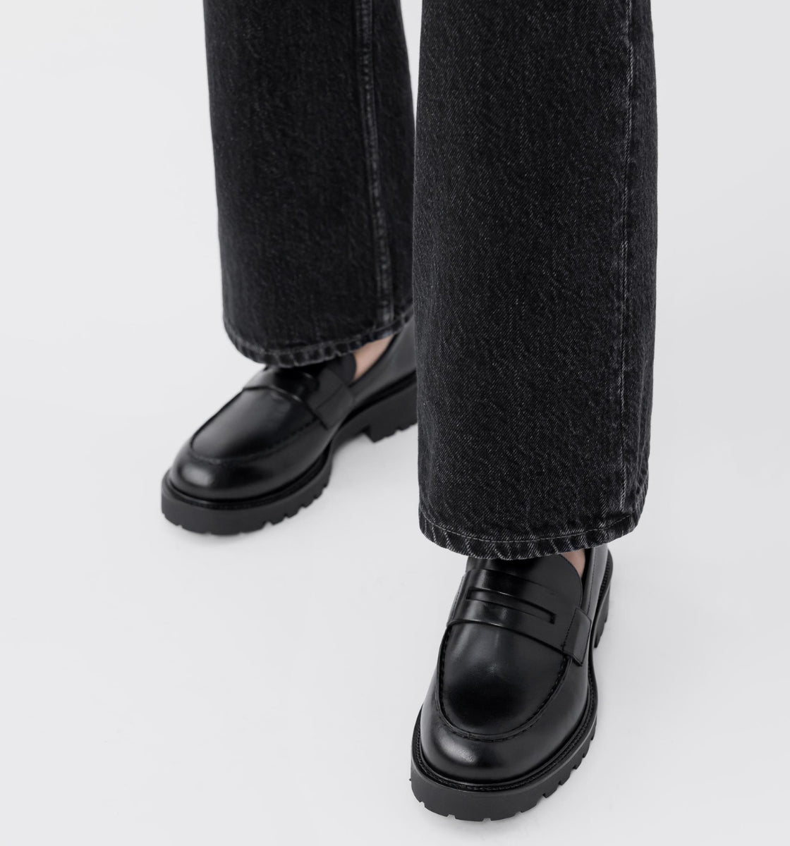 black chunky loafer shoes worn with black jeans - available in Sheneil Shoes Galway Ireland