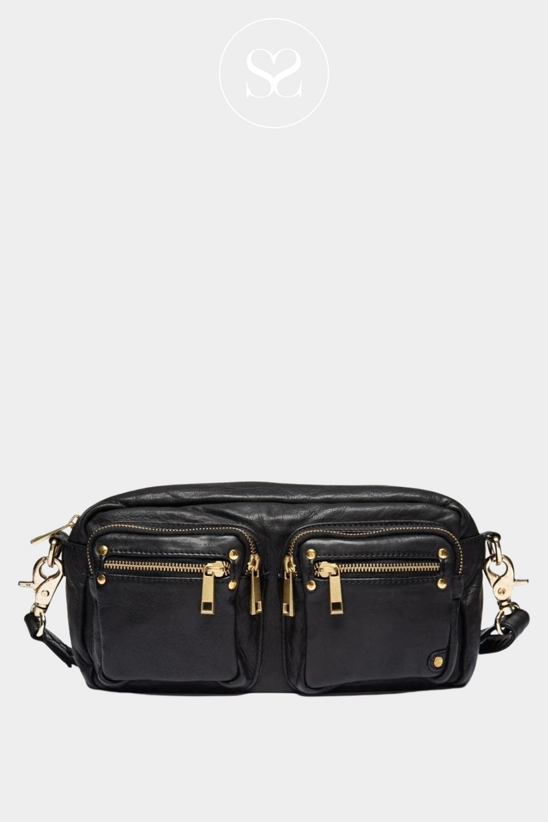 DEPECHE 12670 BLACK LEATHER CROSSBODY BAG WITH FRONT POCKETS AND GOLD HARDWARE