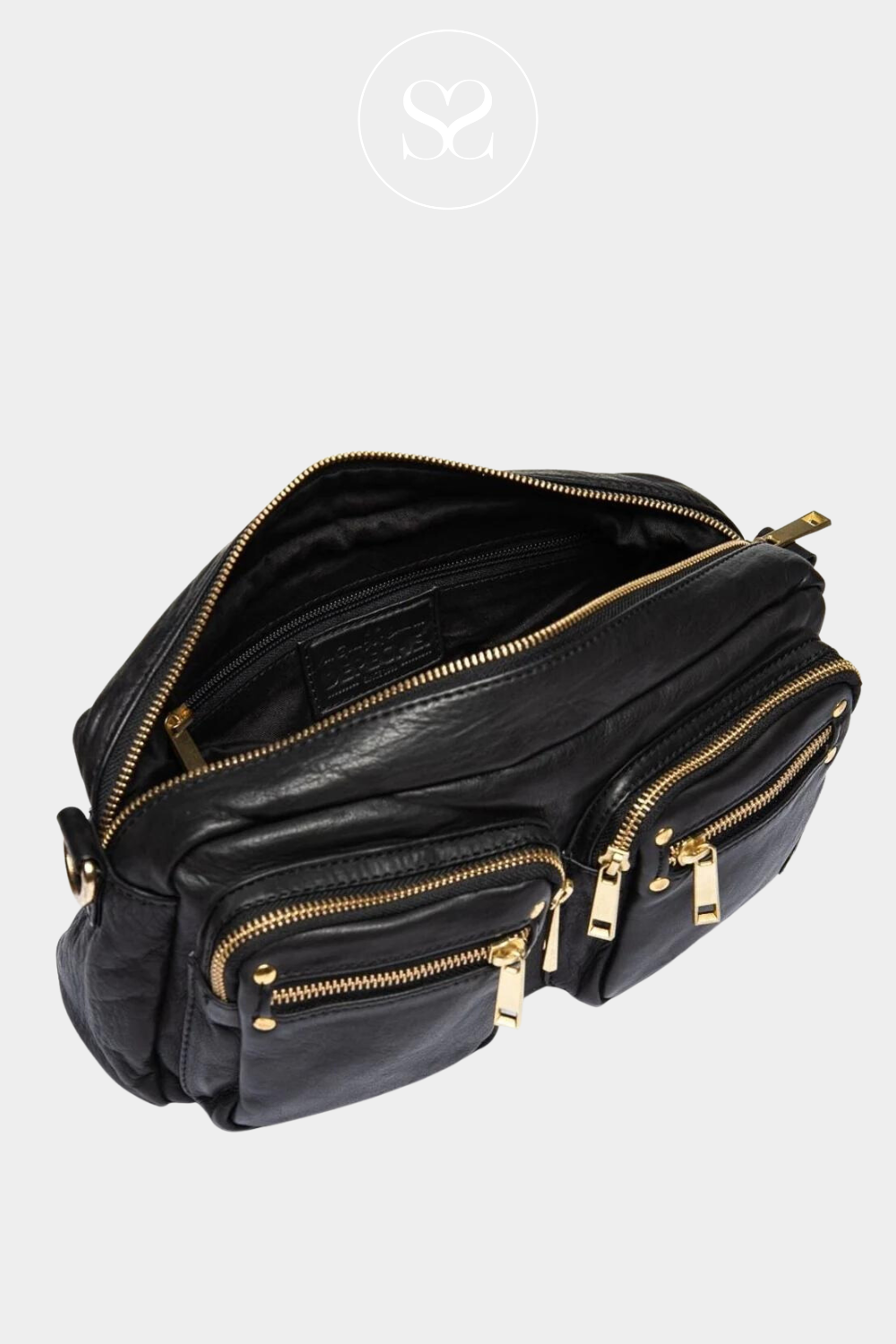 DEPECHE 12670 BLACK LEATHER CROSSBODY BAG WITH FRONT POCKETS AND GOLD HARDWARE