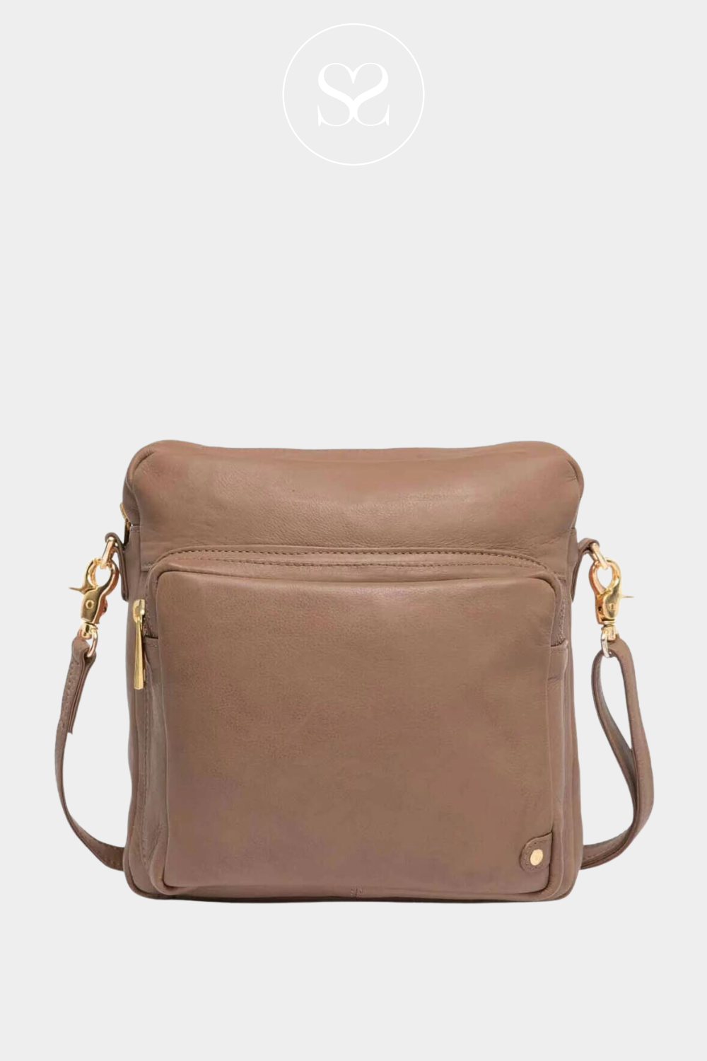 DEPECHE 13606 CAMEL HONEY LEATHER CROSSBODY BAG WITH GOLD HARDWARE AND FRONT ZIP POCKET