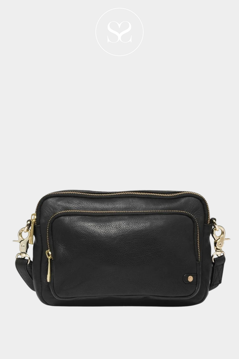 DEPECHE 14132 CROSSBODY BLACK LEATHER BAG WITH FRONT POCKET AND GOLD HARDWARE